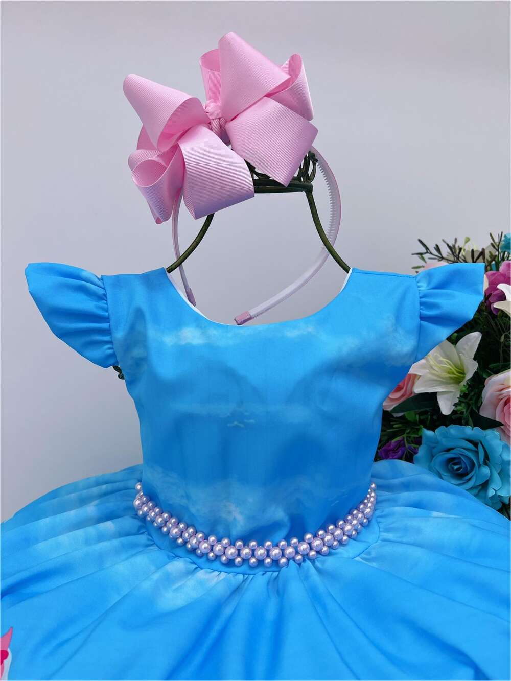 Vestido Infantil Baby Shark Azul Com Cinto de Pérolas