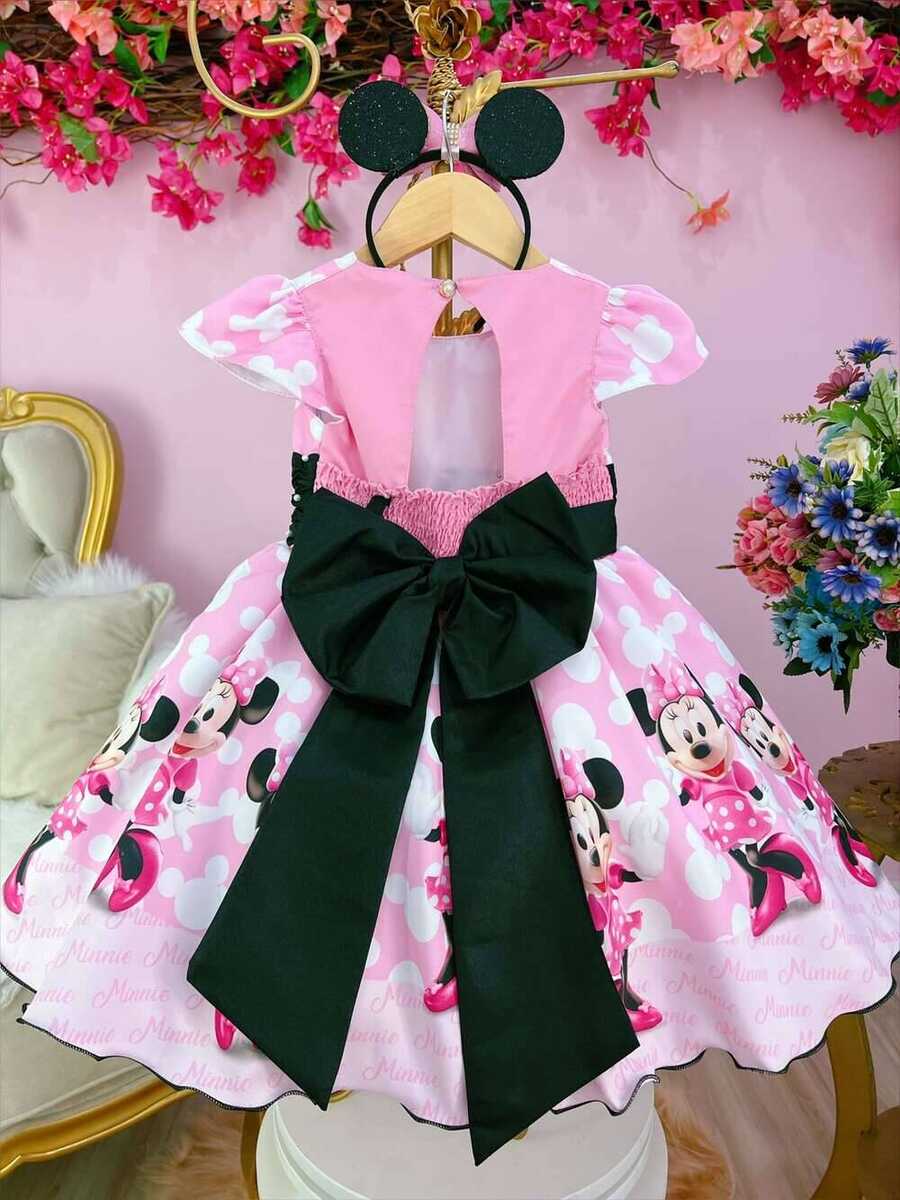 Vestido Infantil Minnie Rosa Com Pérolas Festas