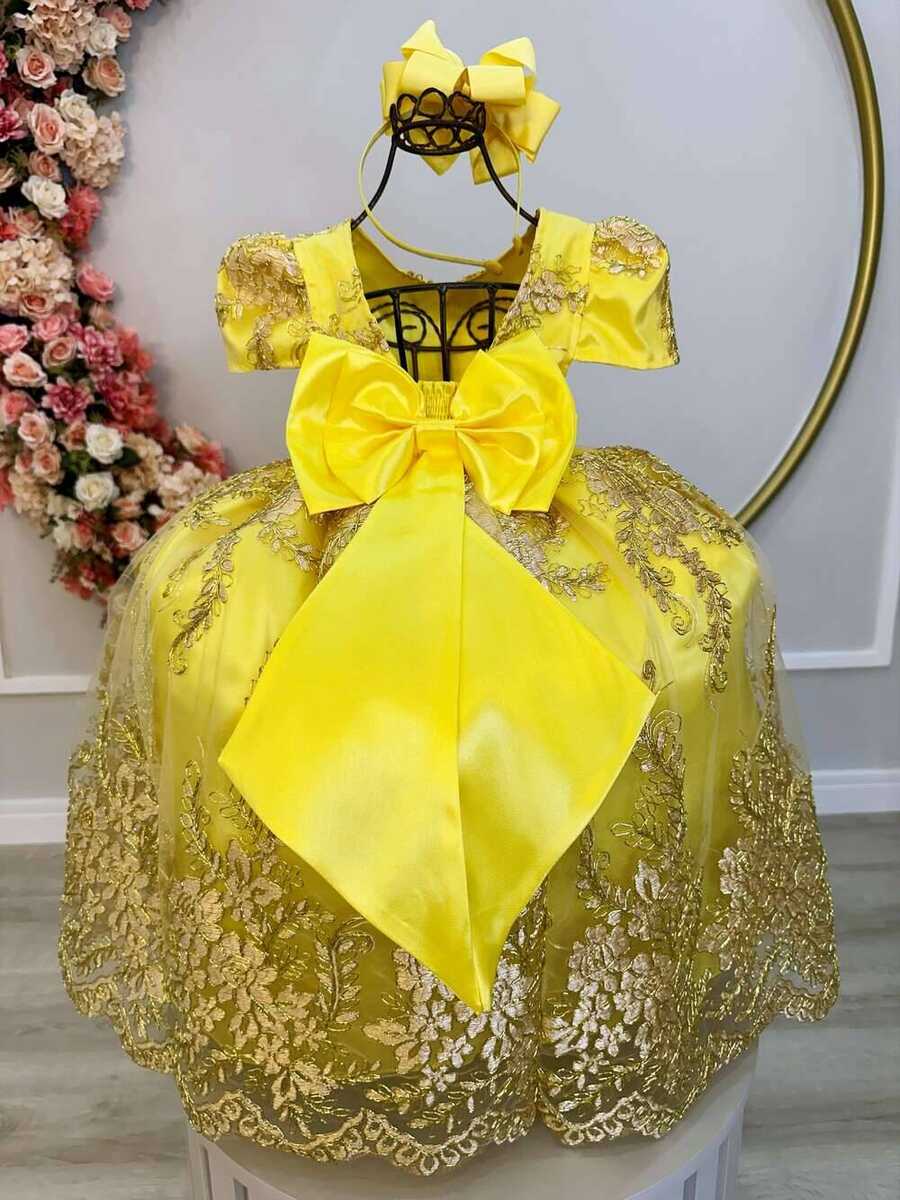 Vestido Infantil Amarelo C/ Renda Dourada Realeza Pérolas