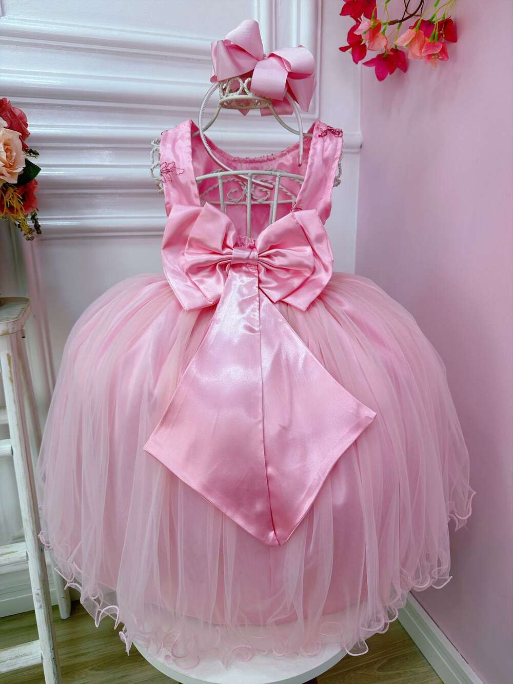 Vestido Infantil Rosa Damas de Honra Cinto Pérola Strass