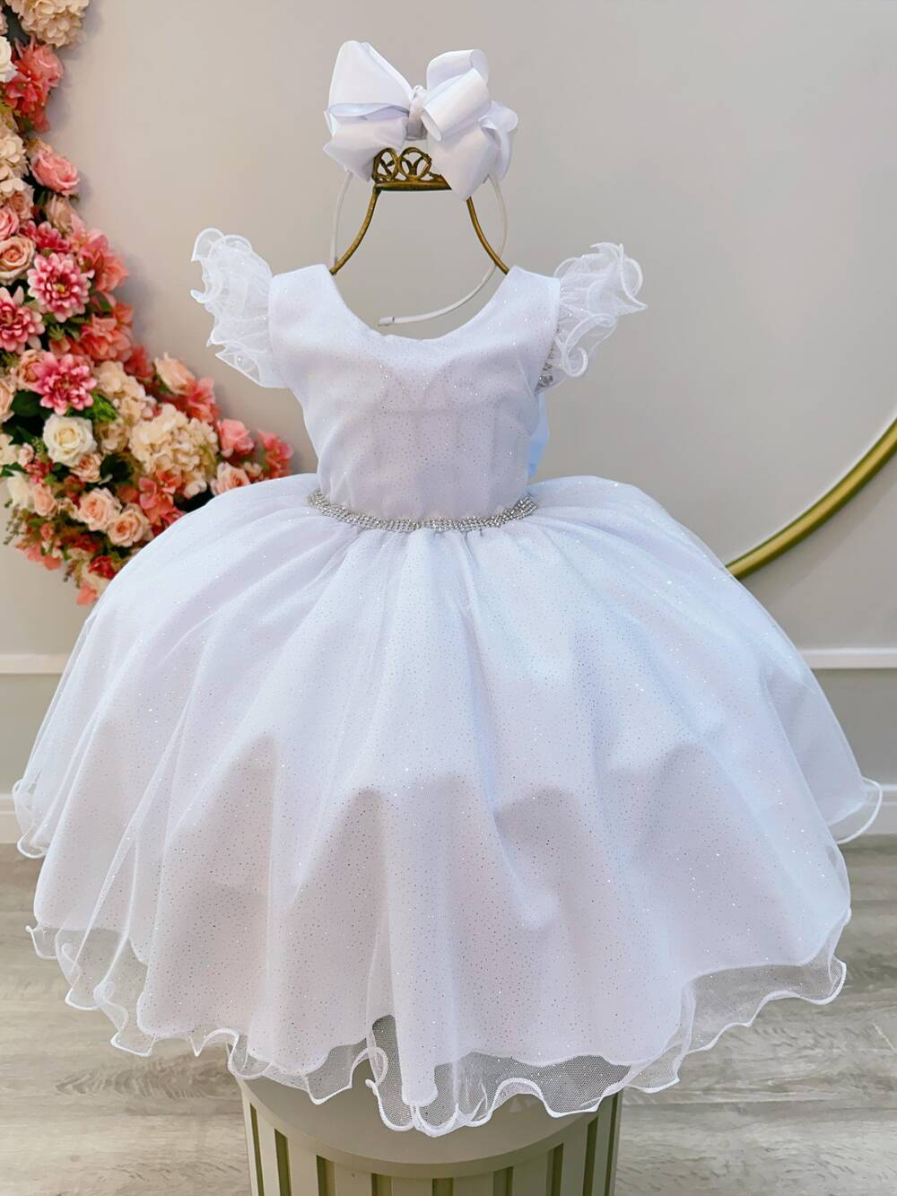 Vestido Infantil Branco Luxo C/ Cinto de Strass