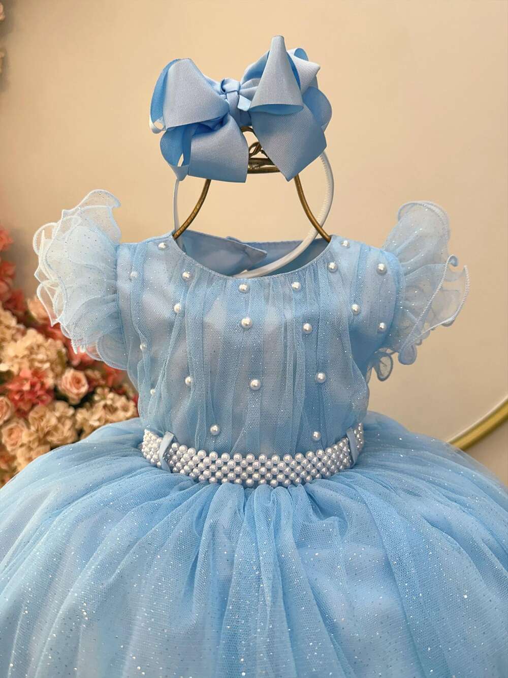 Vestido Infantil Azul Bebê C/ Cinto de Pérolas e Busto Damas