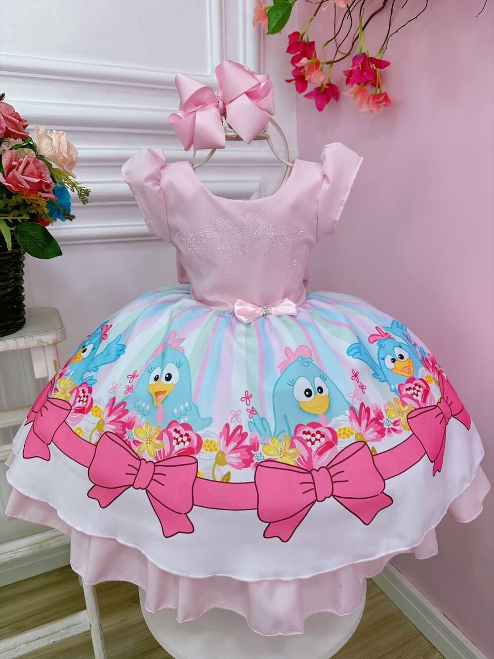 Vestido Infantil Galinha Pintadinha Rosa Peito Com Strasss