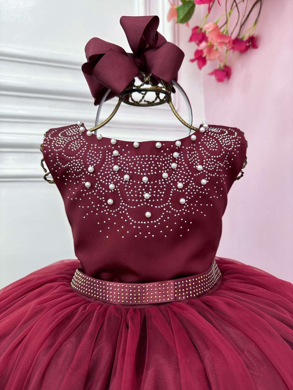 Vestido Infantil Damas de Honra Longo Marsala Strass Pérolas