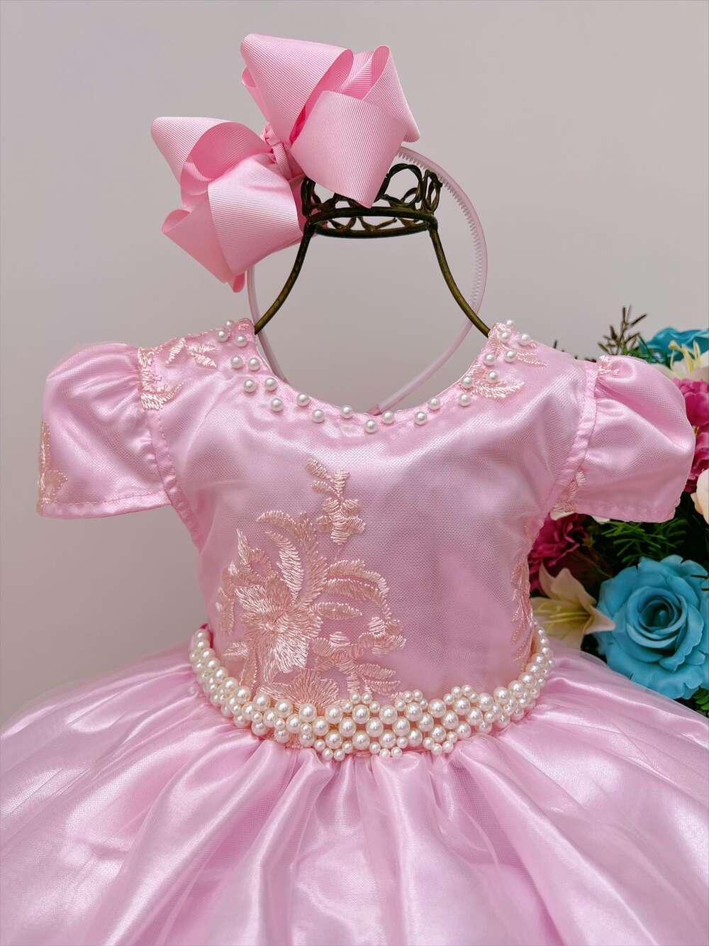 Vestido Infantil Rosa Rendado Casamento Damas Luxo Pérolas