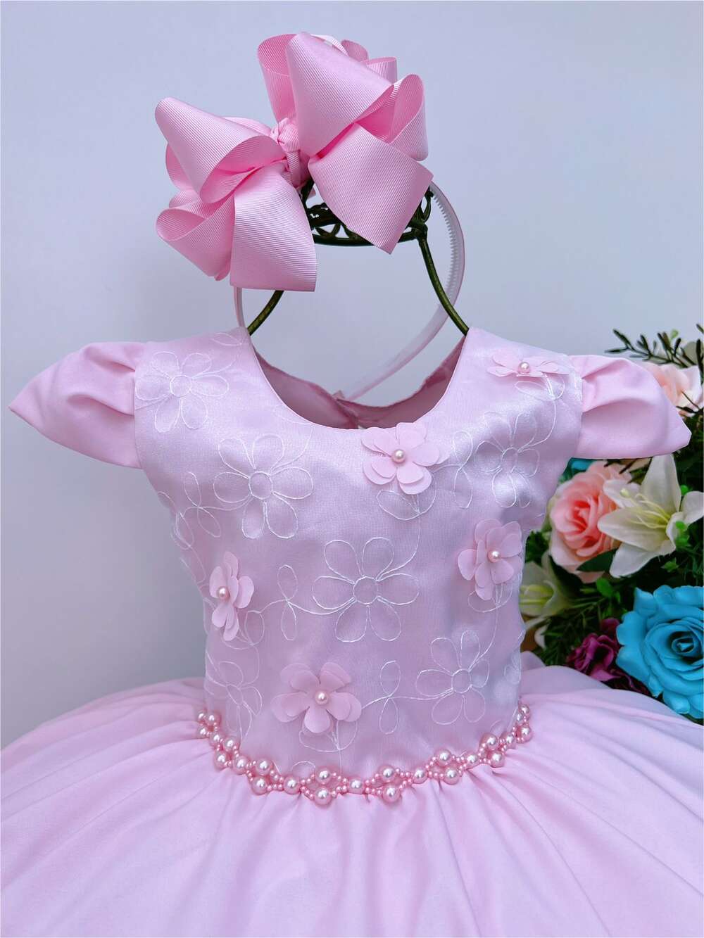 Vestido Infantil Rosa C/ Renda Aplique flores Pérolas Luxo