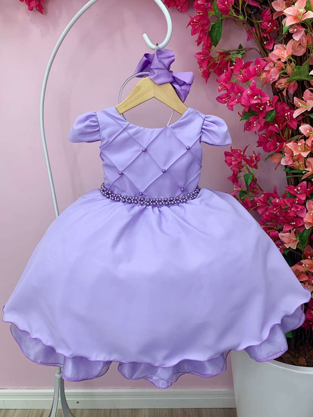 Vestido Infantil Lilás C/ Cinto de Pérolas Casamento Luxo