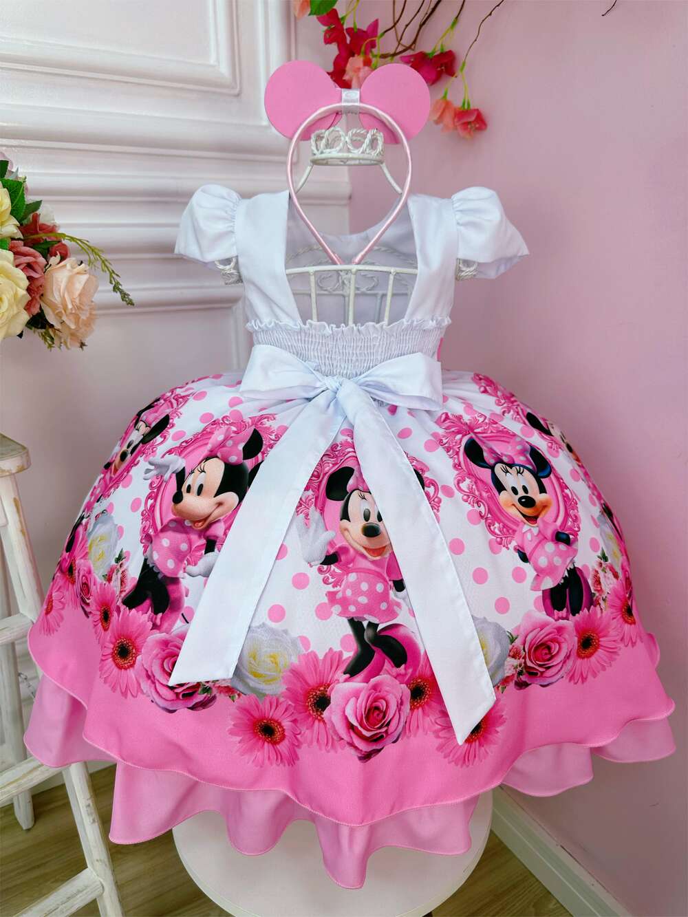 Vestido Infantil Minnie Rosa Bolinhas Pérolas C/ Tiára