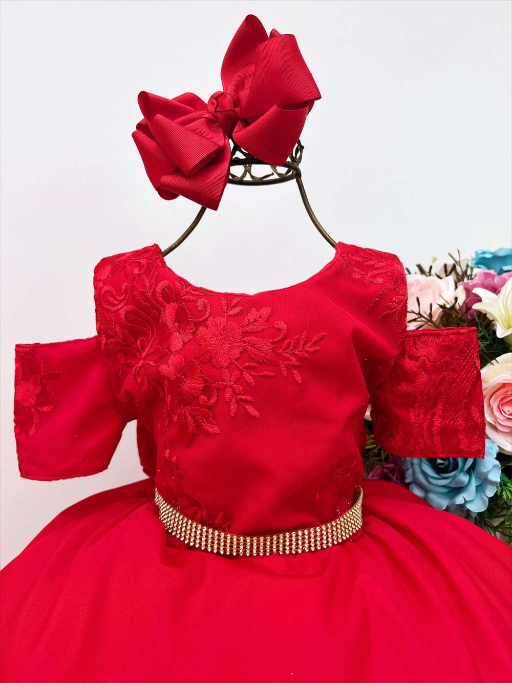 Vestido Infantil Vermelho C/ Renda Cinto Strass Luxo