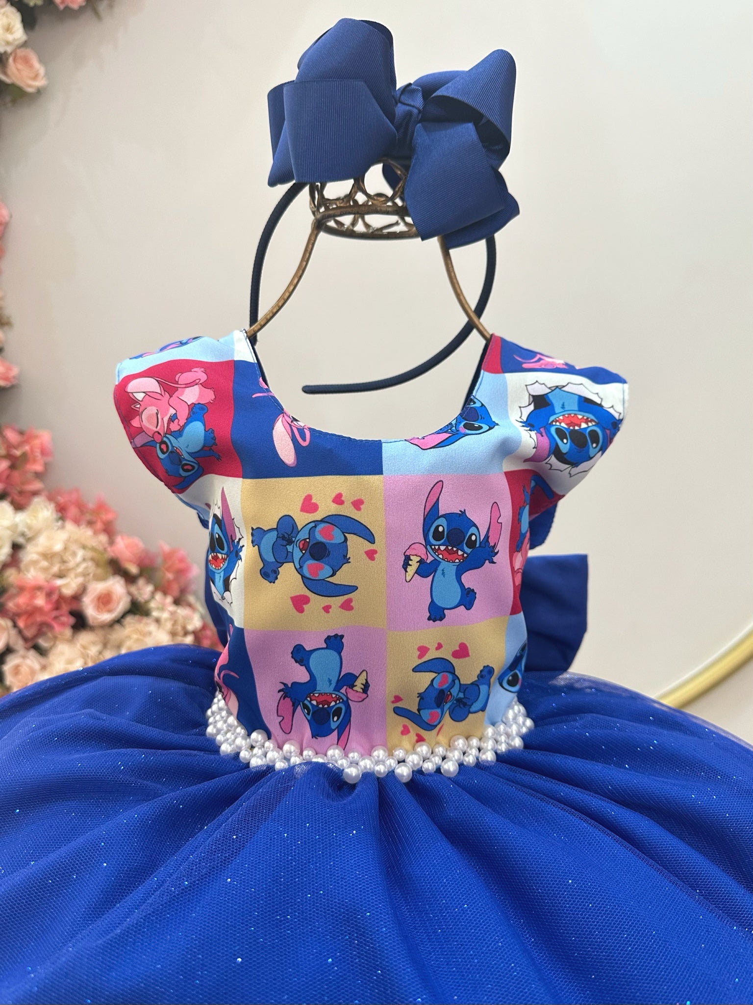 Vestido Infantil Azul Royal Lilo Stitch e Angel Festas