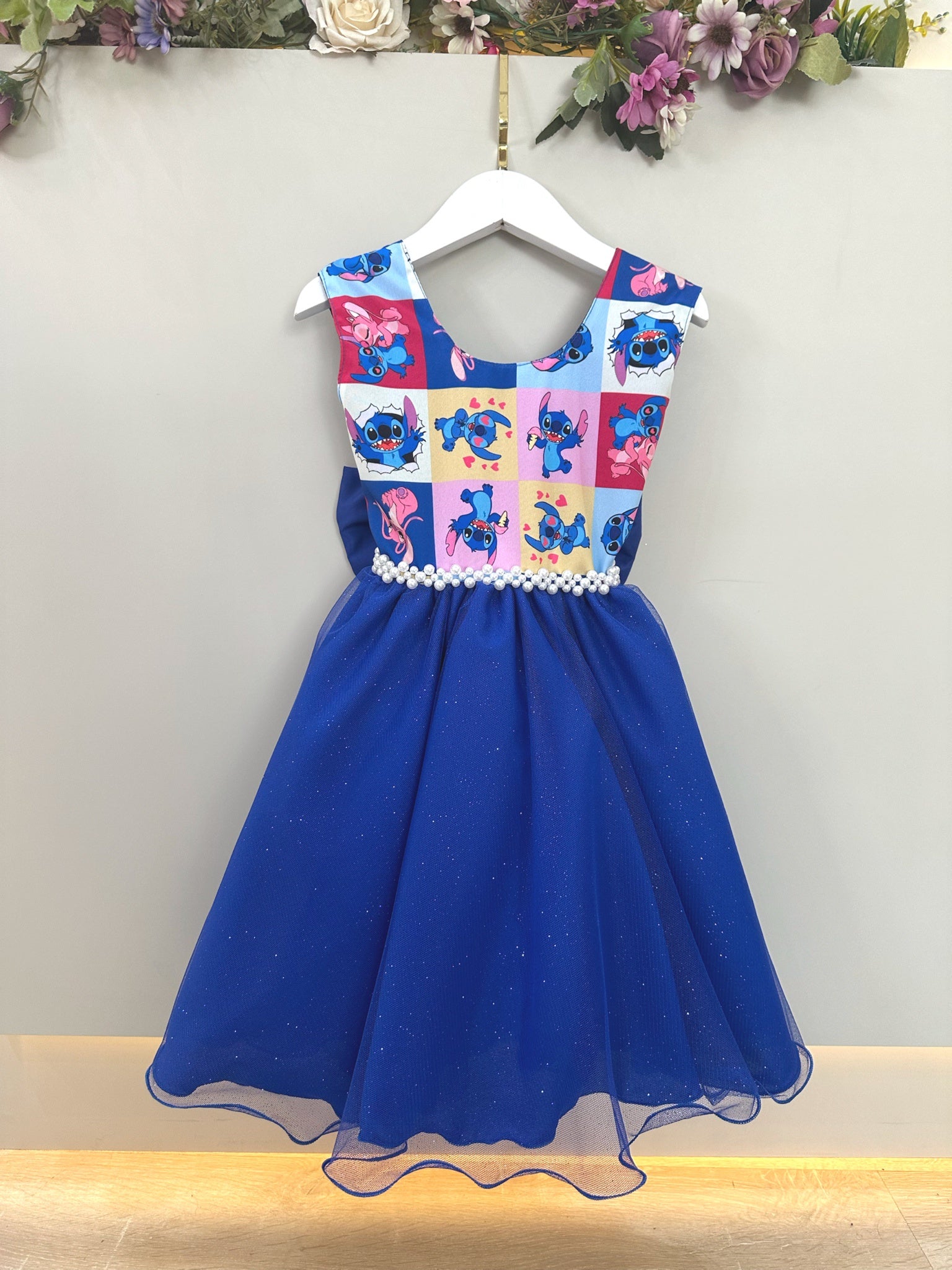 Vestido Infantil Azul Royal Lilo Stitch e Angel Festas