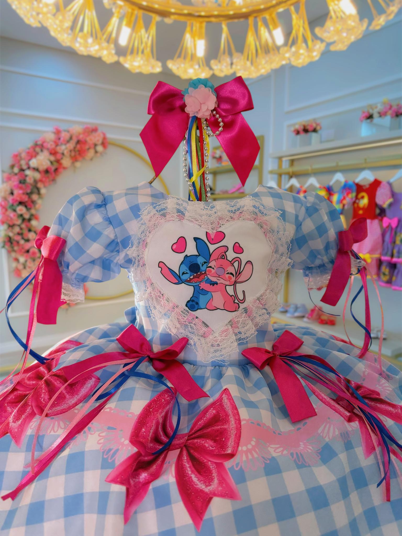 Vestido Infantil Lilo Stitch e Angel Xadrez Azul Festas