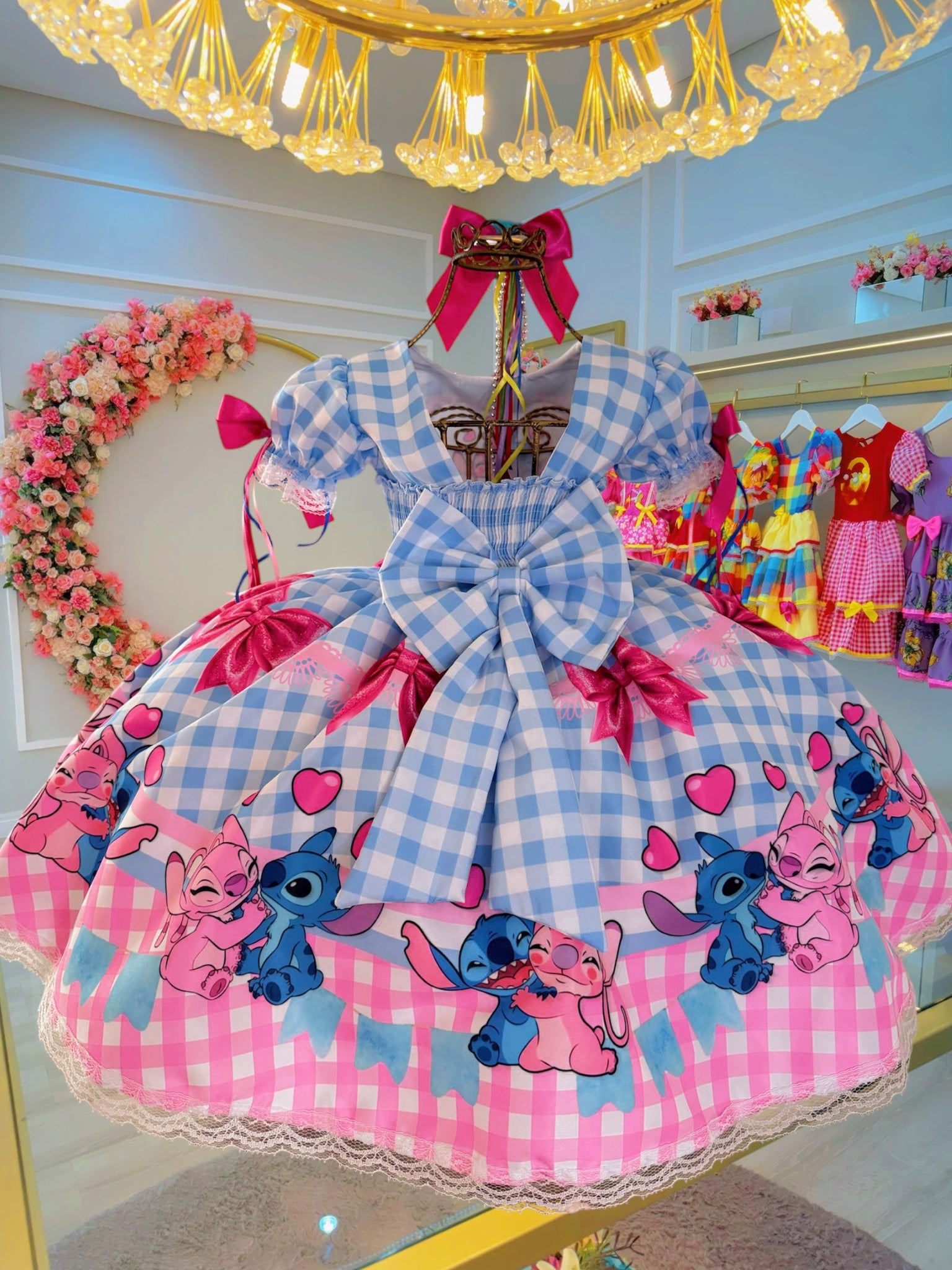 Vestido Infantil Lilo Stitch e Angel Xadrez Azul Festas