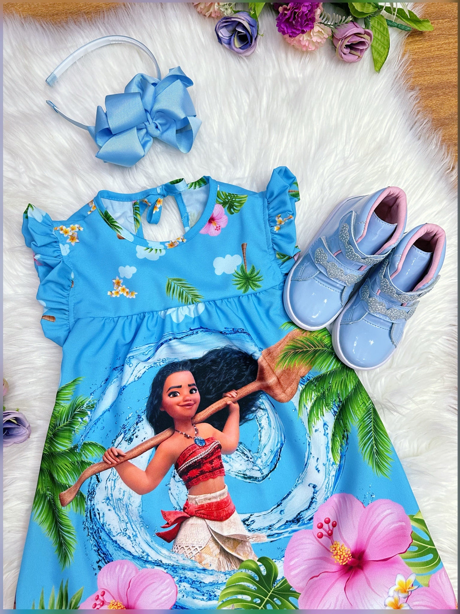 Vestido Infantil Trapézio da Moana Azul Manga Flu-Flu