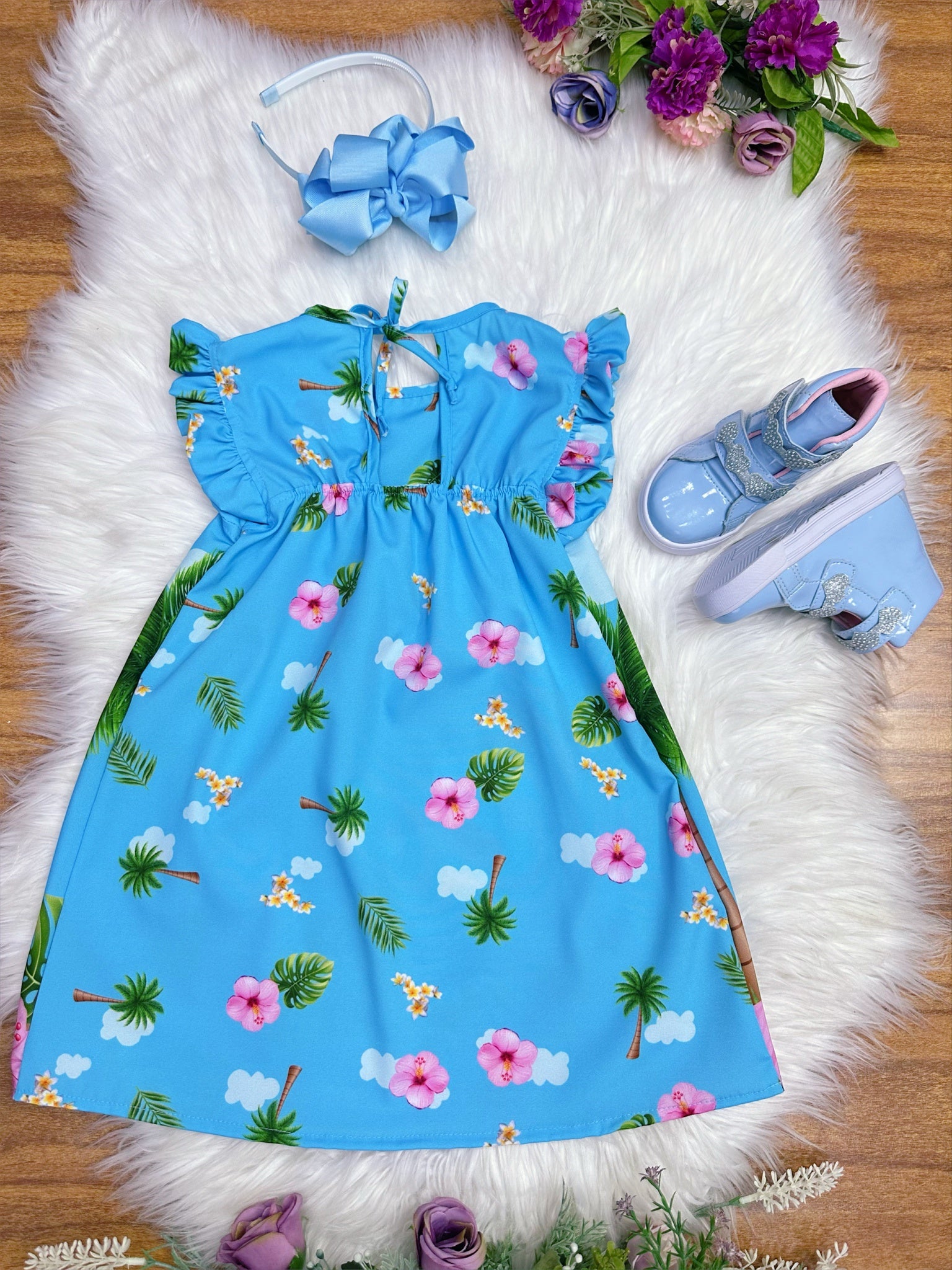 Vestido Infantil Trapézio da Moana Azul Manga Flu-Flu