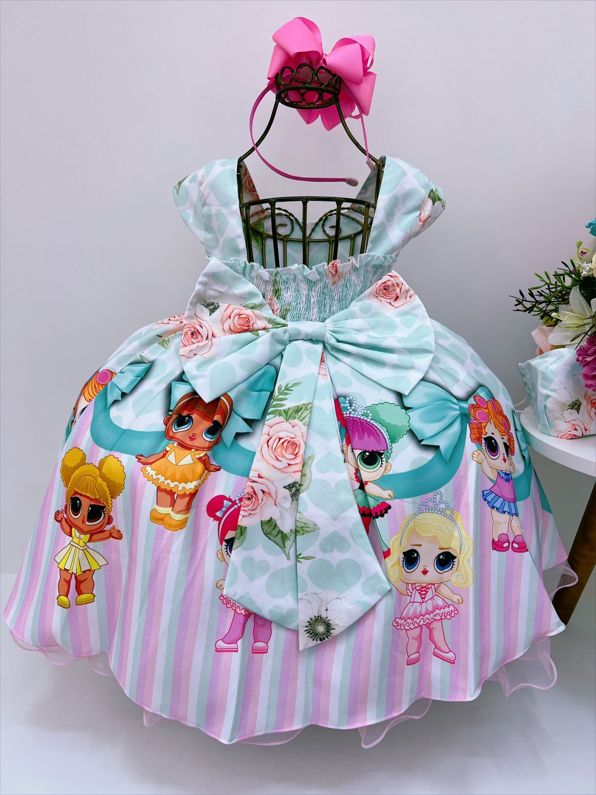 Vestido Infantil Lol Branco Verde Cinto Pérolas
