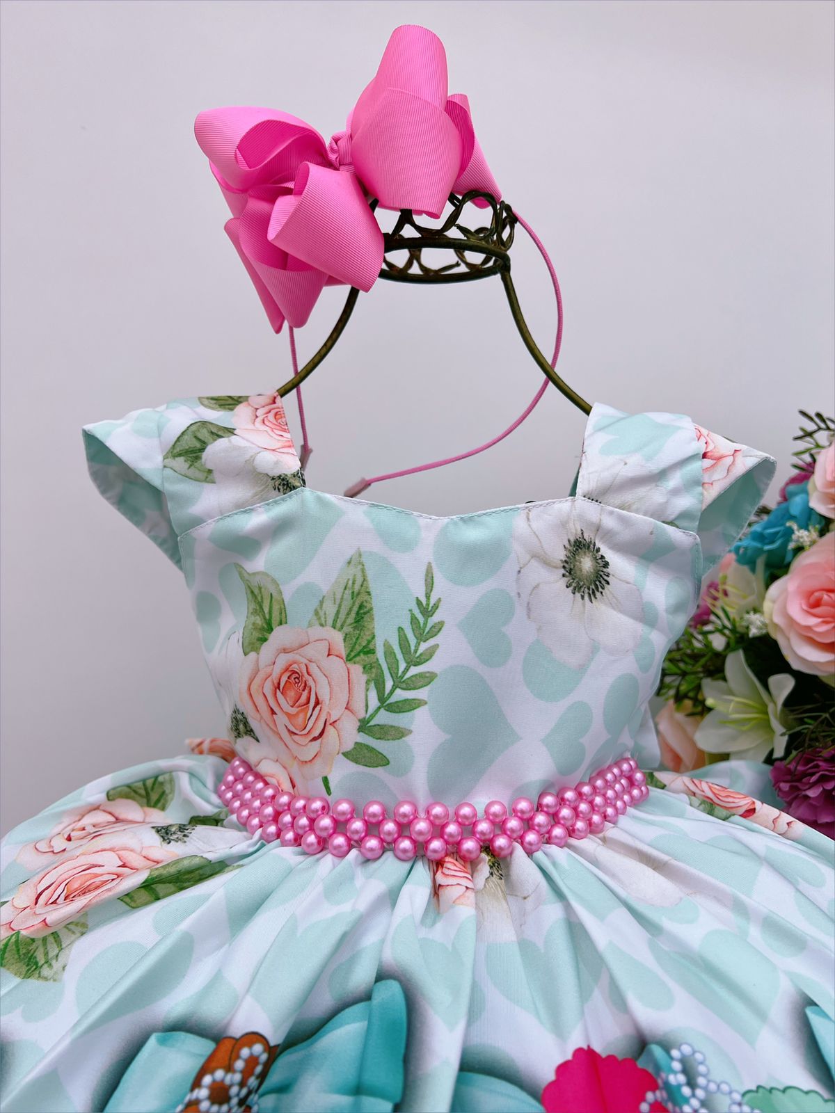 Vestido Infantil Lol Branco Verde Cinto Pérolas