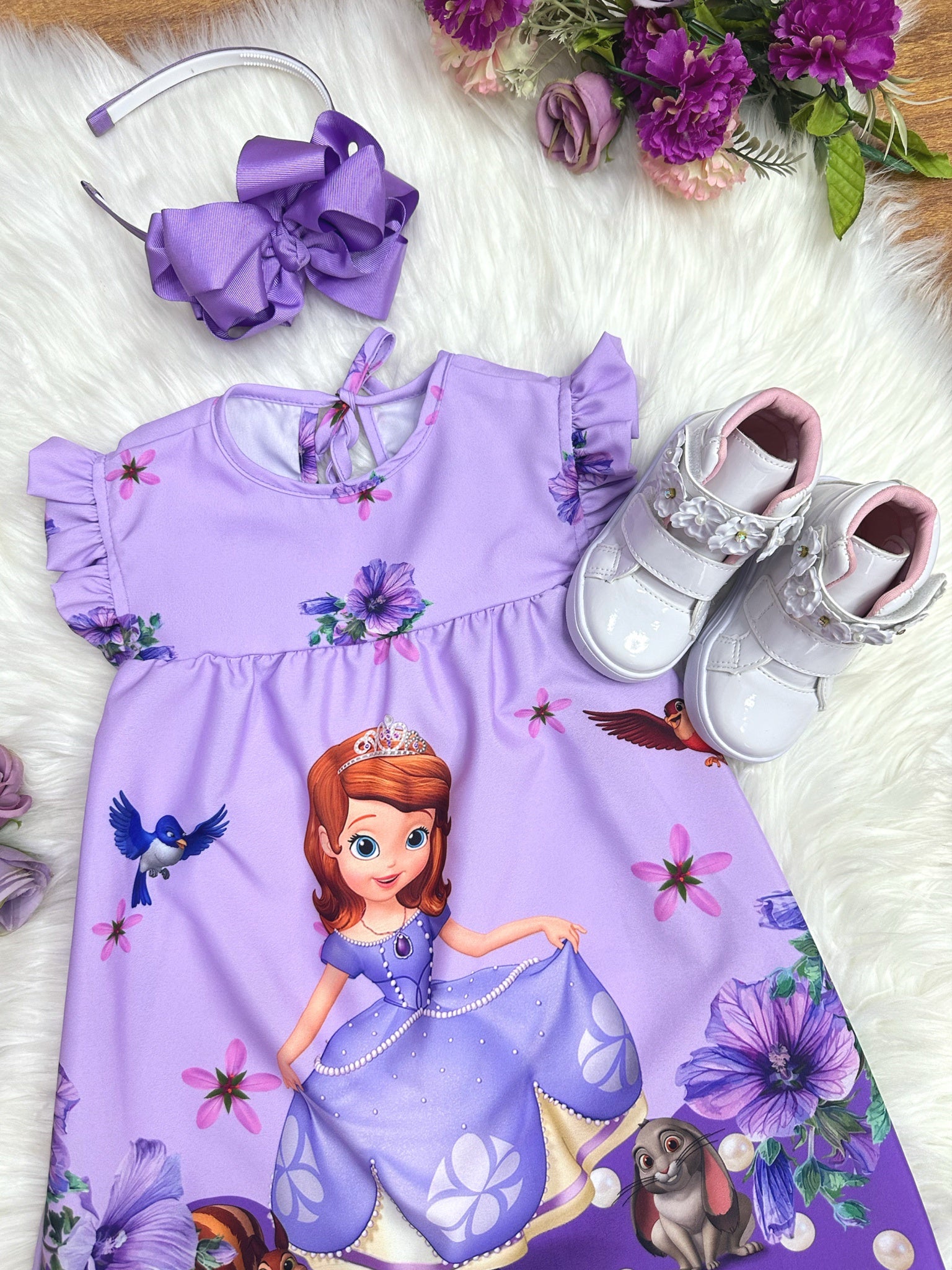 Vestido Infantil Trapézio da Princesa Sofia Azul Manga Flu-Flu