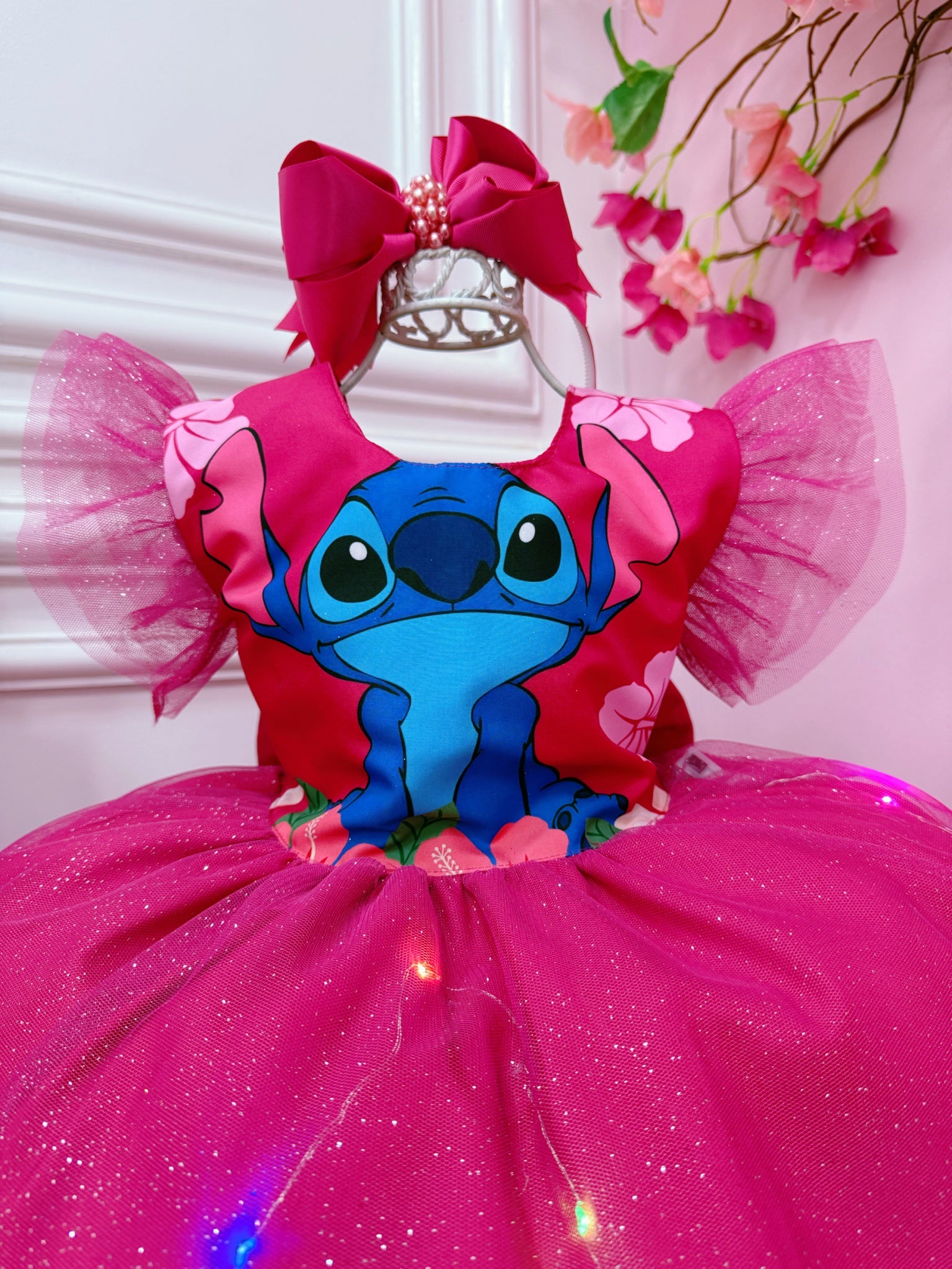 Vestido Infantil Lilo e Stitch Pink Saia C/ Leds Glitter