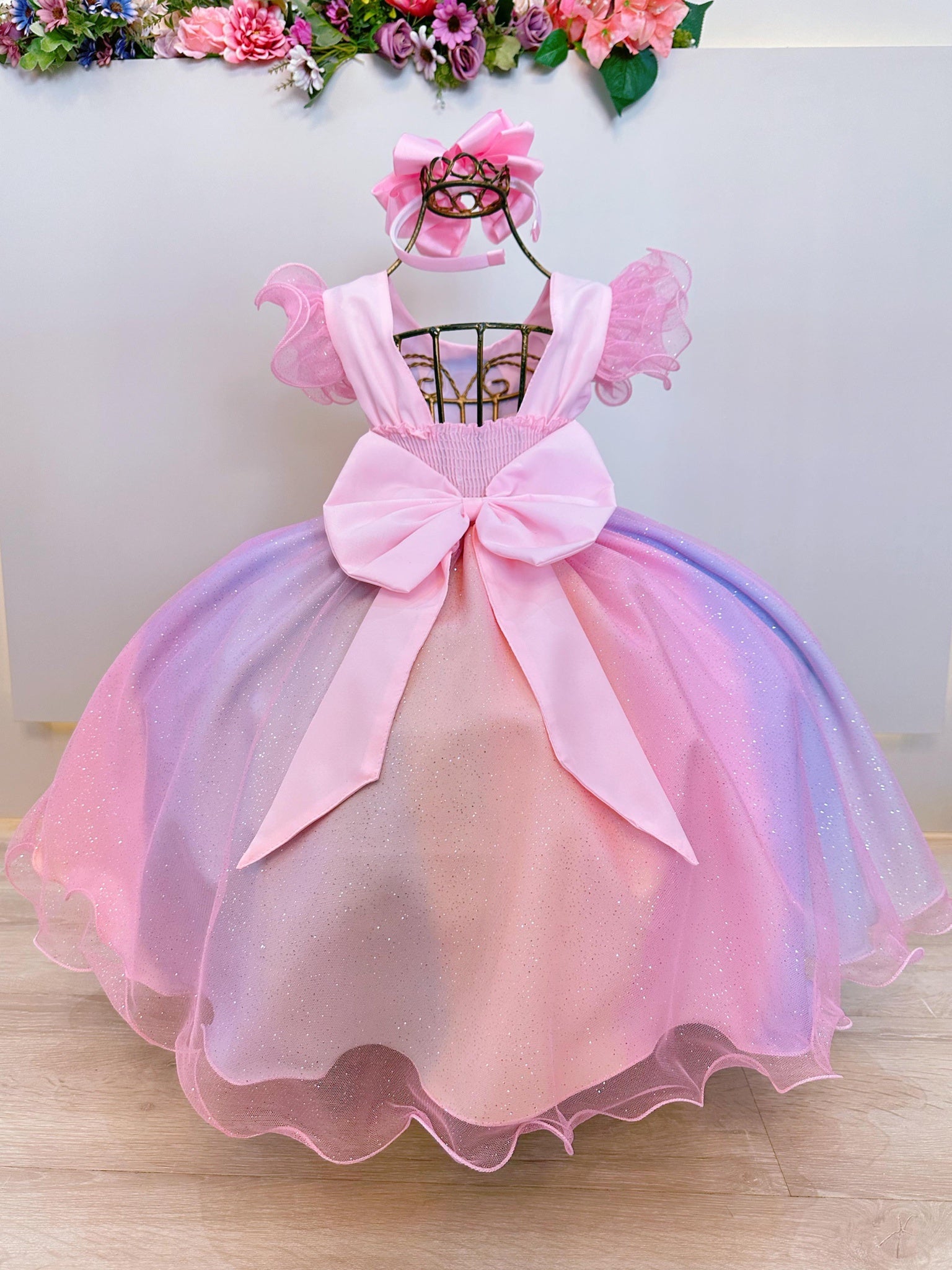 Vestido Infantil Lilo Stitch e Angel Rosa Saia Colorida