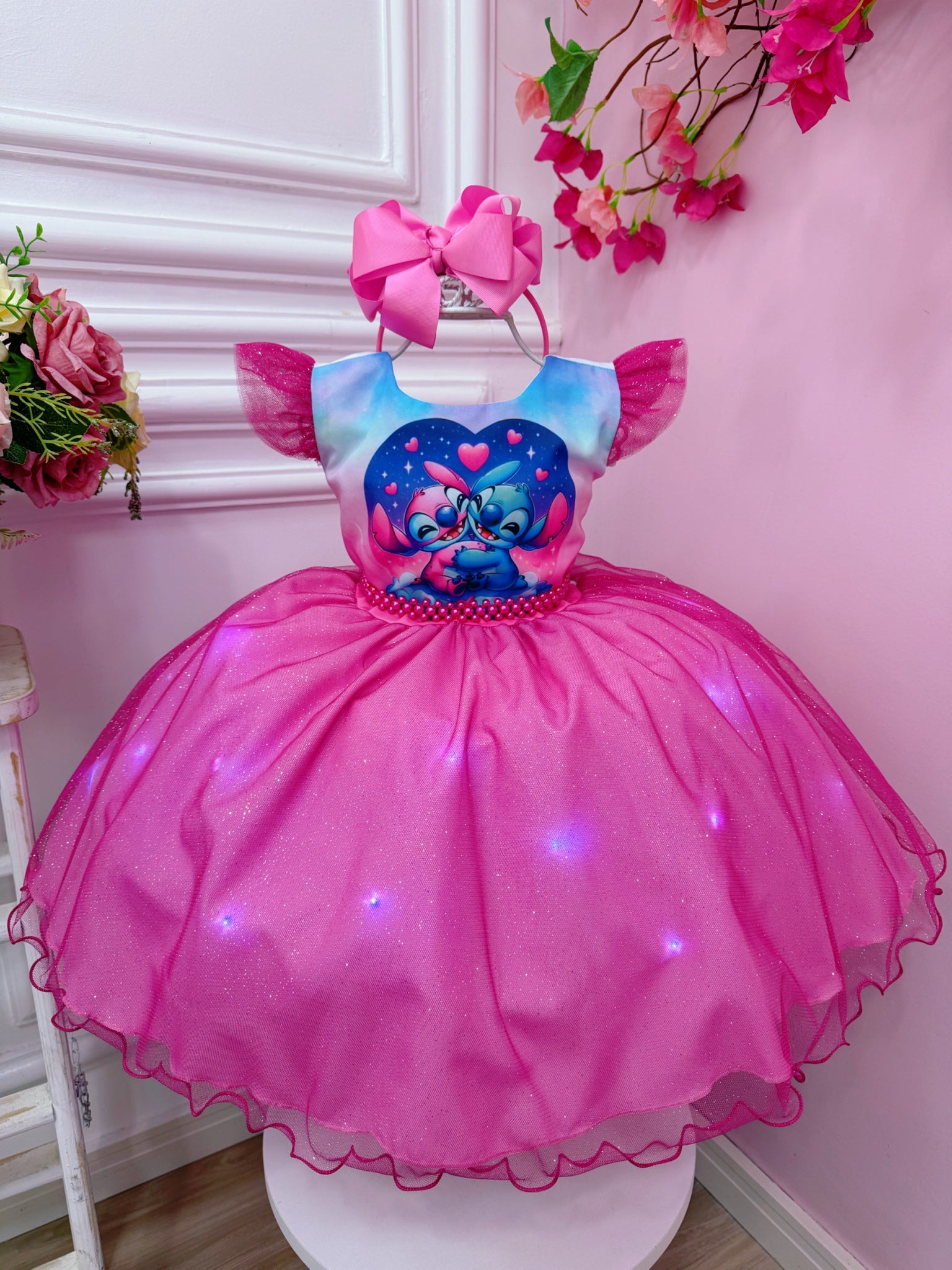 Vestido Infantil Lilo Stitch e Angel Saia Com Led Festas