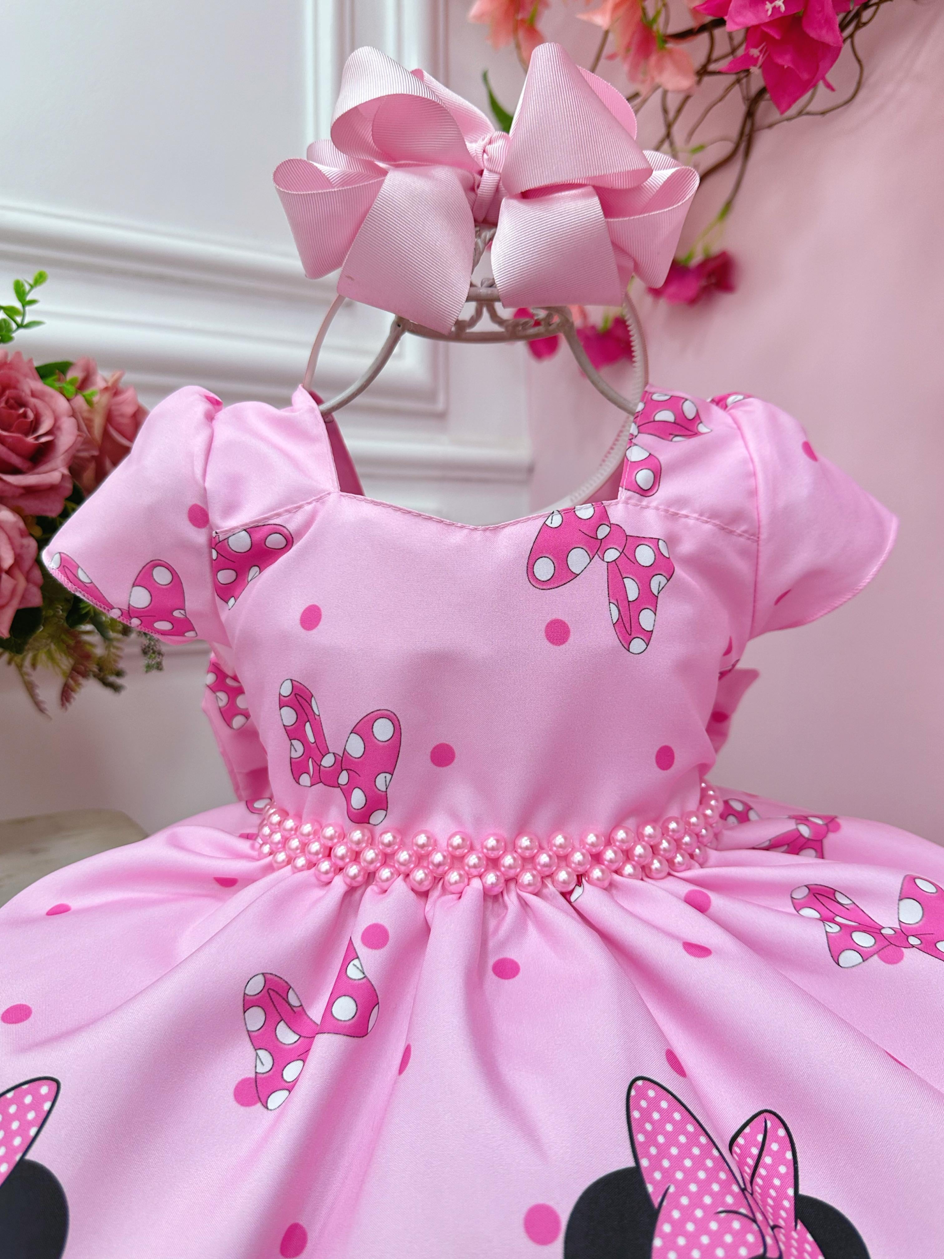Vestido Infantil Minnie Rosa Com Cinto de Perolas Festas
