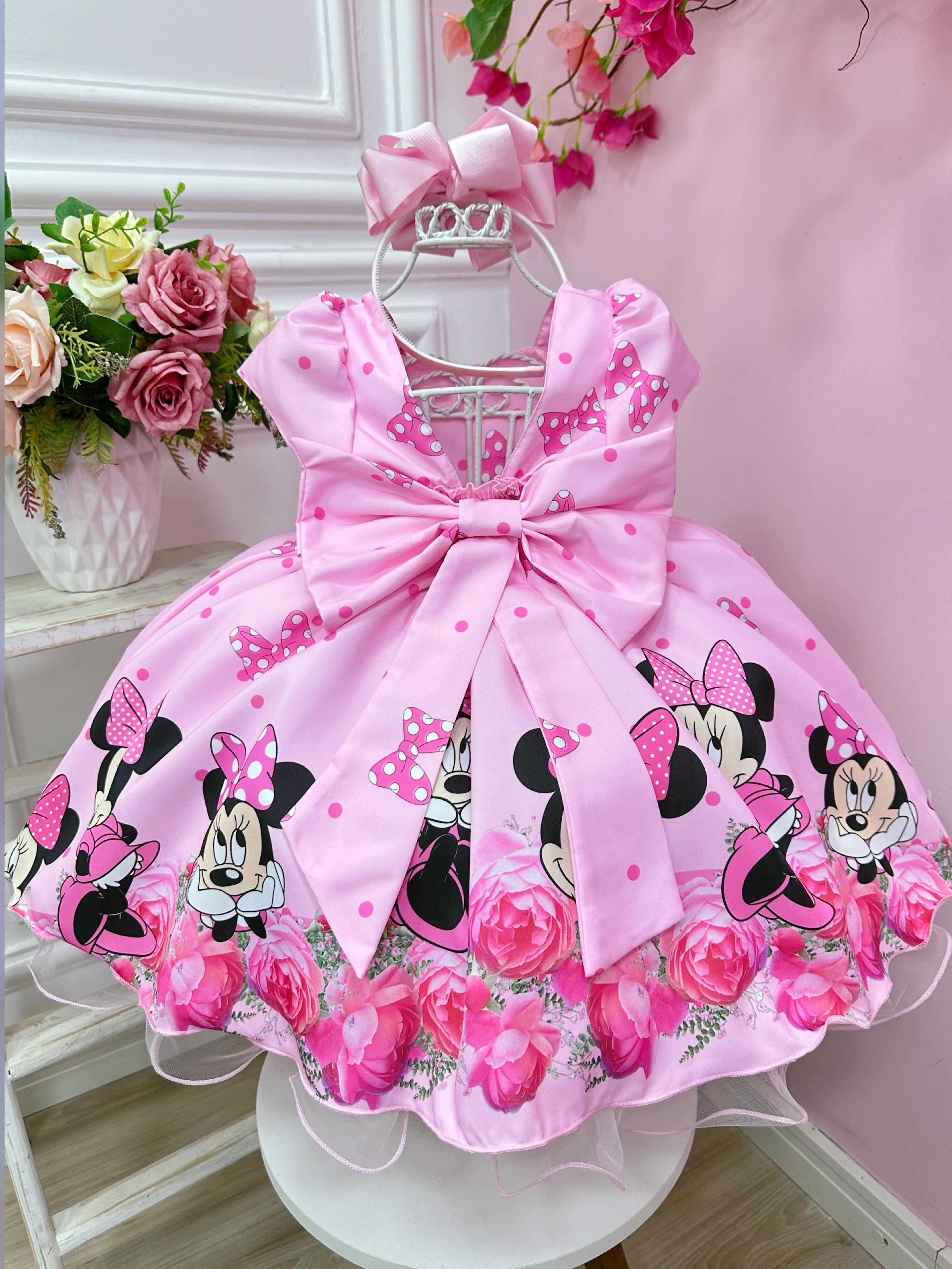 Vestido Infantil Minnie Rosa Com Cinto de Perolas Festas