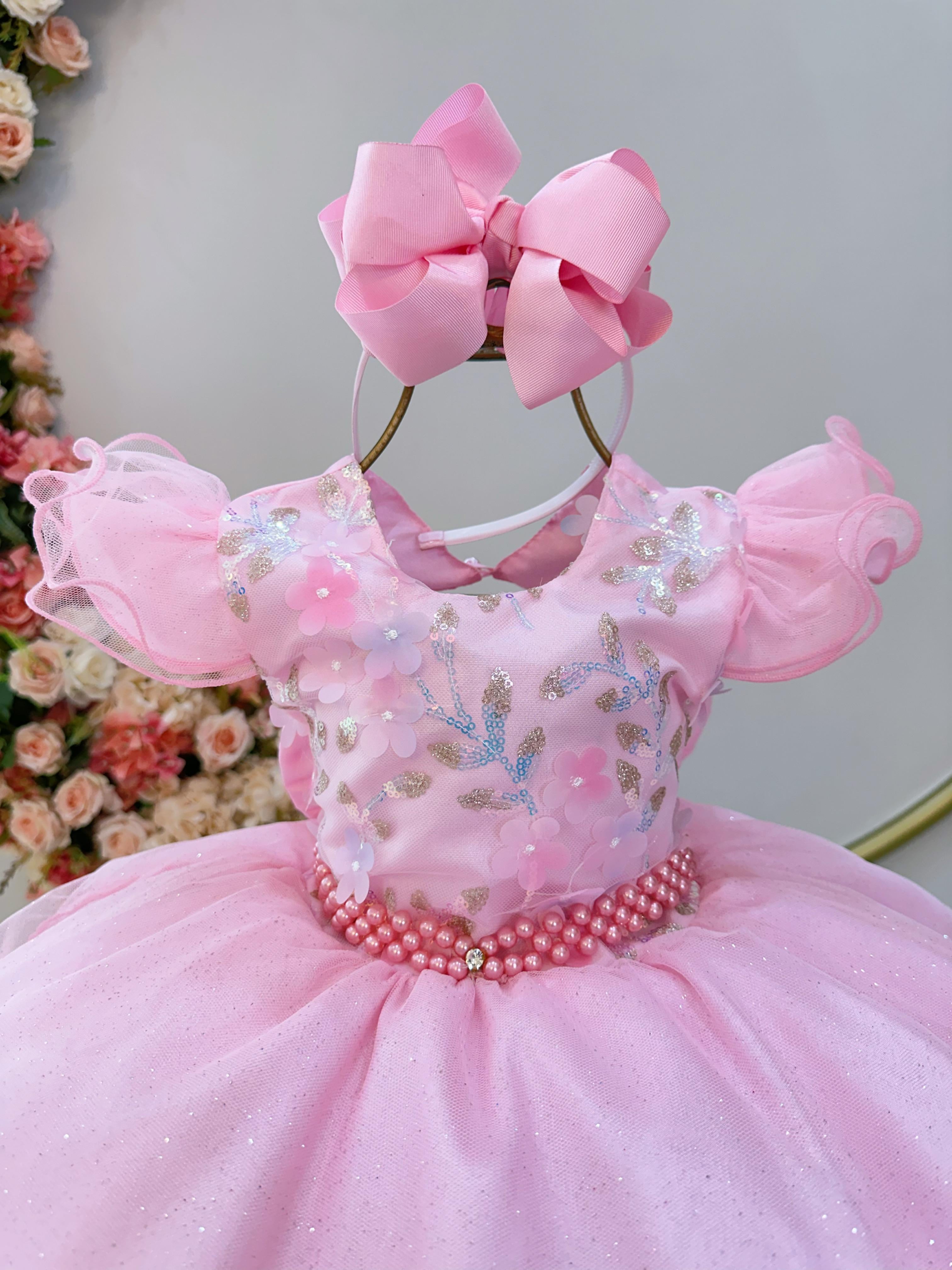 Vestido Infantil Princesas Jardim Encantado Rosa Super Luxo