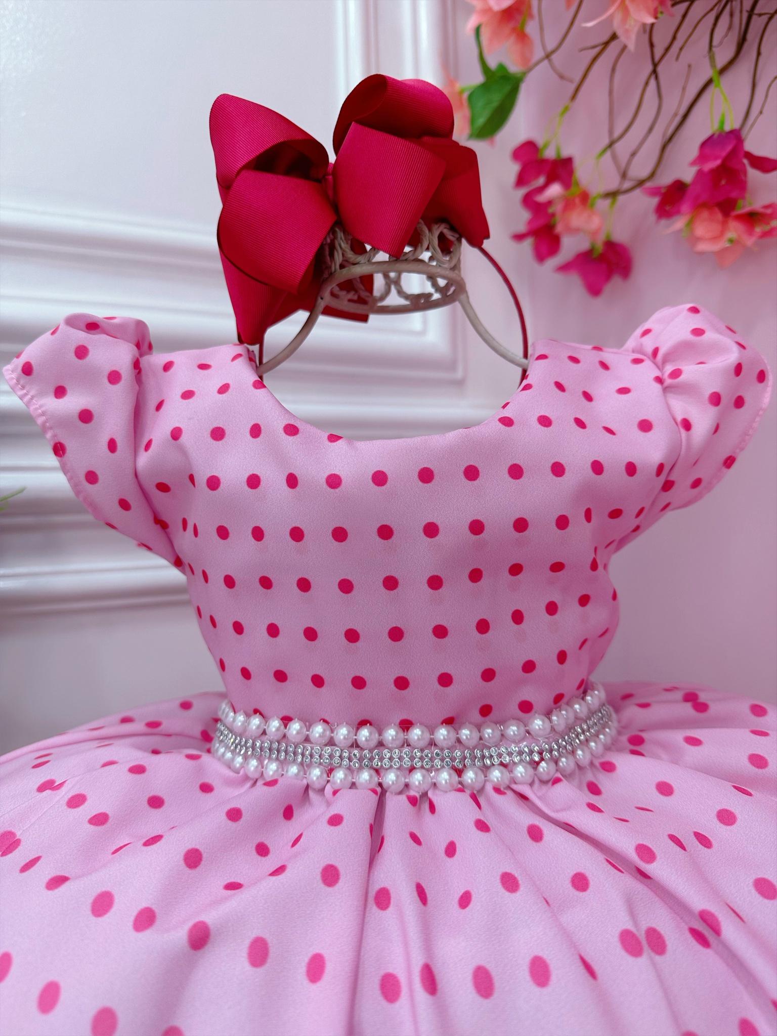 Vestido infantil Barbie Rosa C/ Cinto de Pérolas e Strass