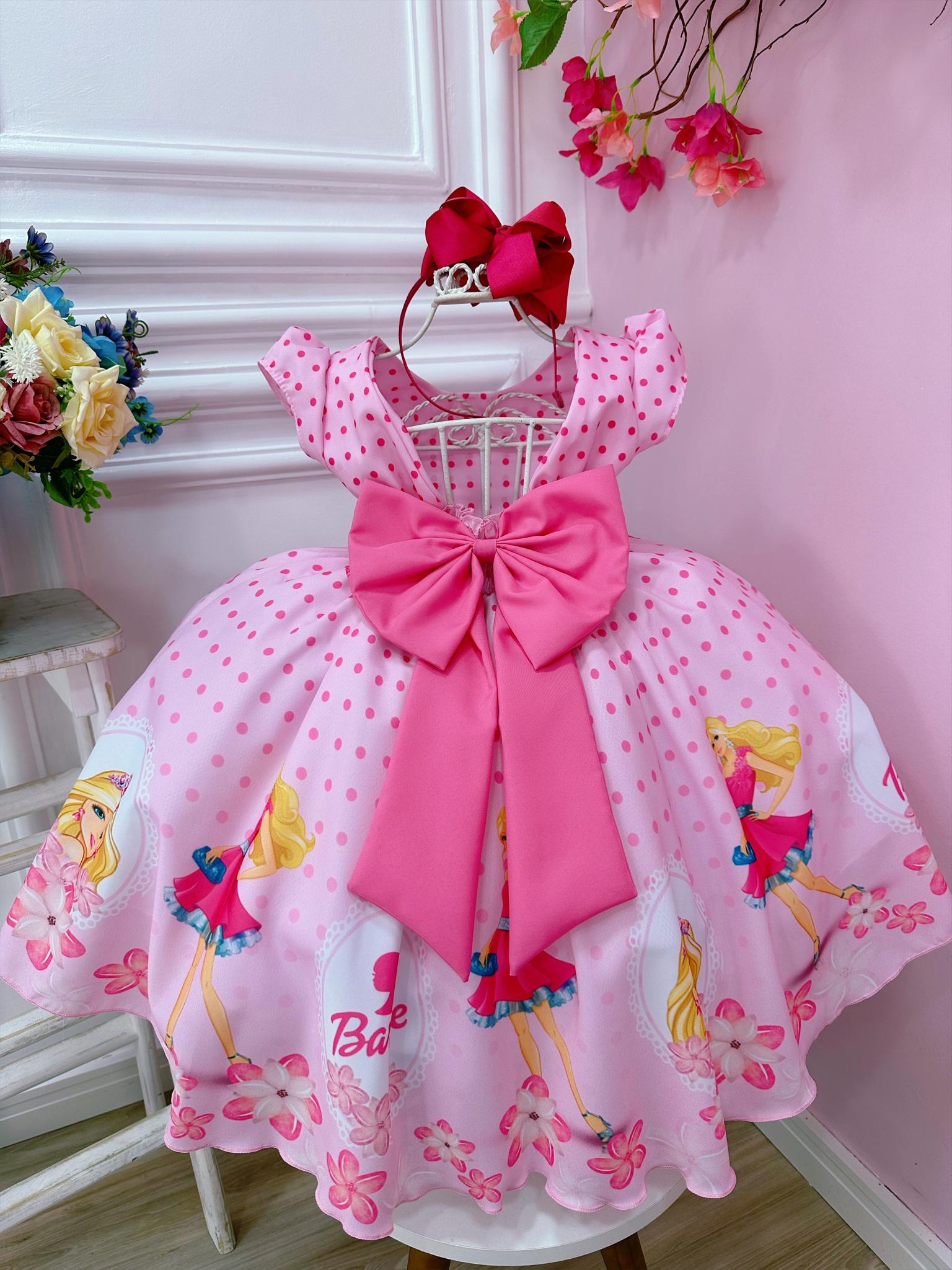 Vestido infantil Barbie Rosa C/ Cinto de Pérolas e Strass
