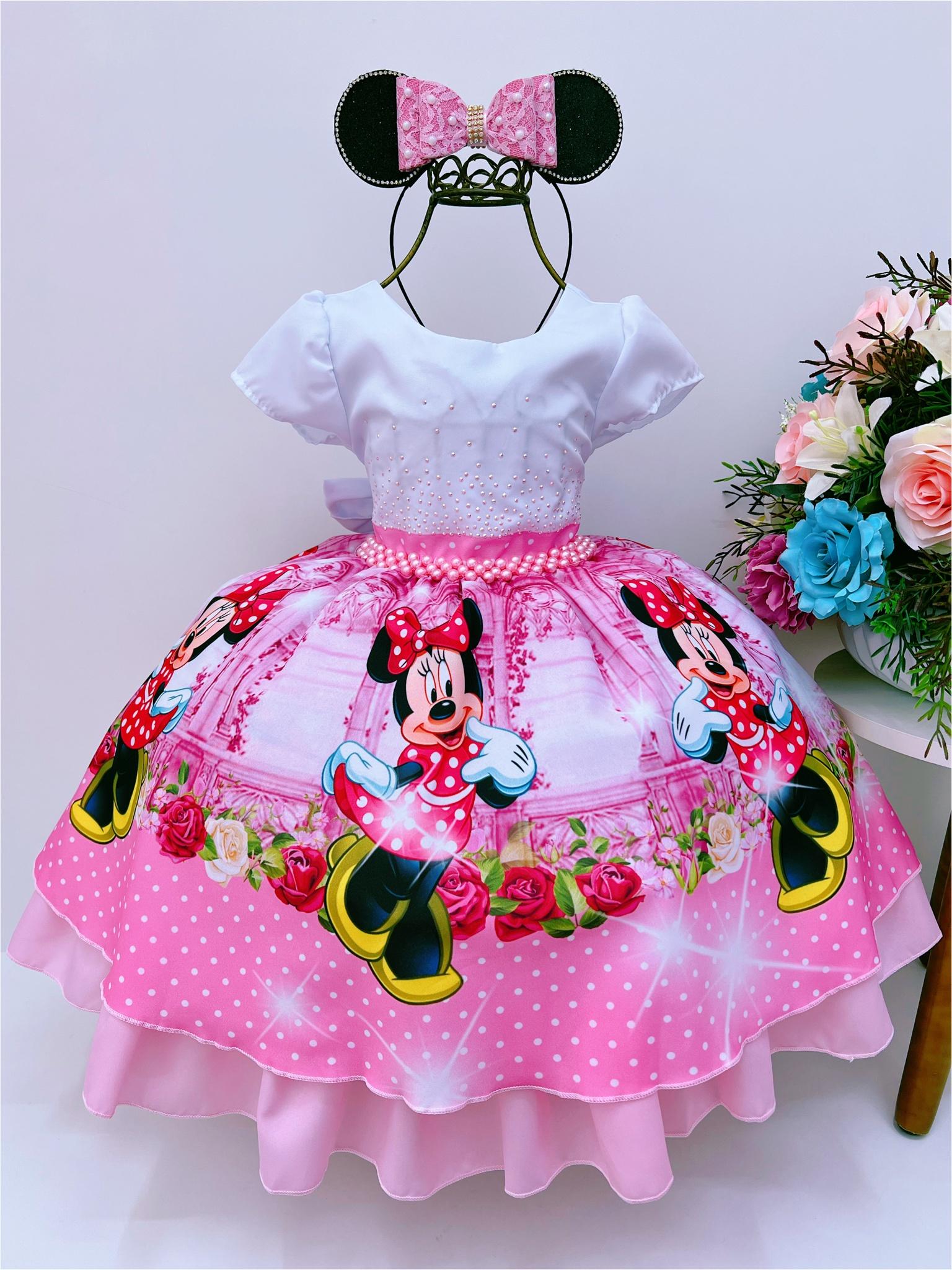 Vestido Infantil Minnie Rosa Floral Poá Peito Branco Strass