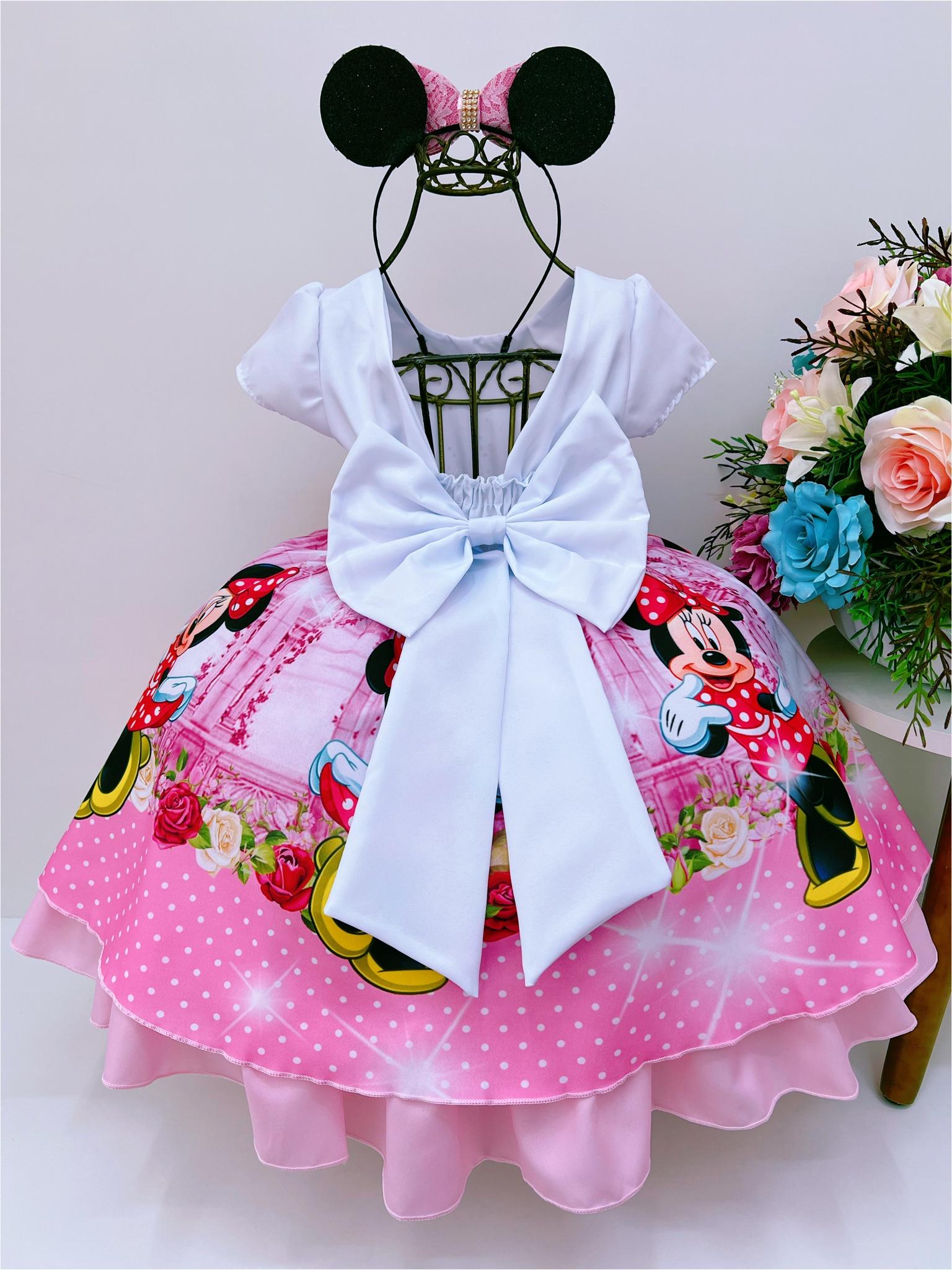 Vestido Infantil Minnie Rosa Floral Poá Peito Branco Strass