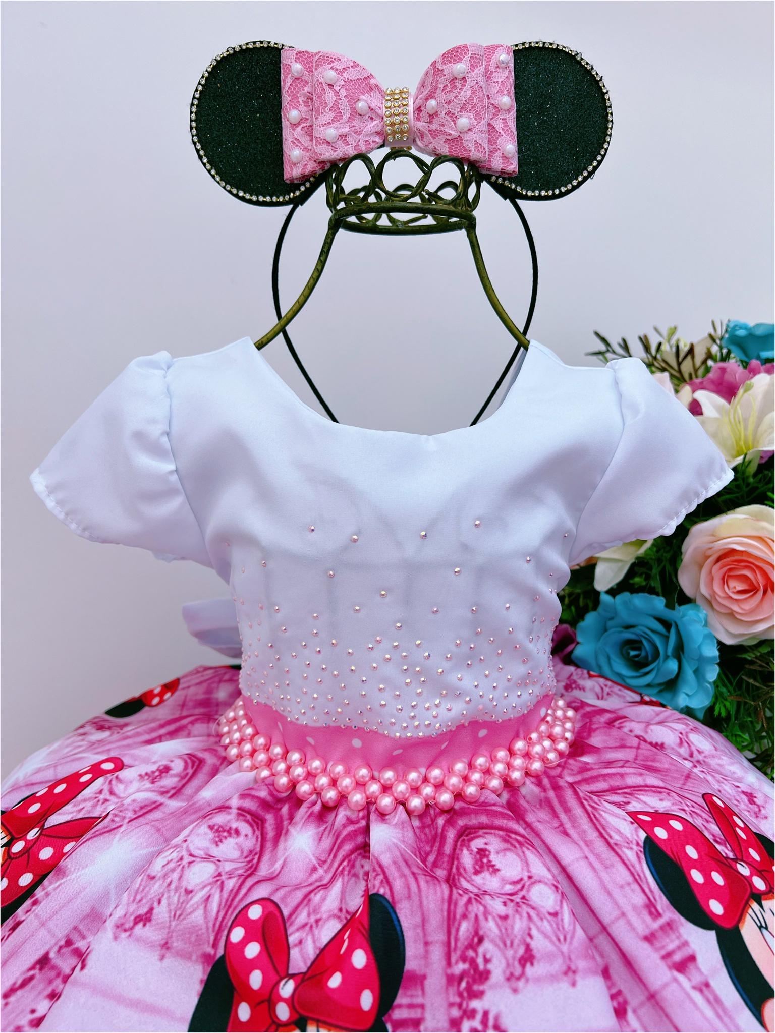 Vestido Infantil Minnie Rosa Floral Poá Peito Branco Strass