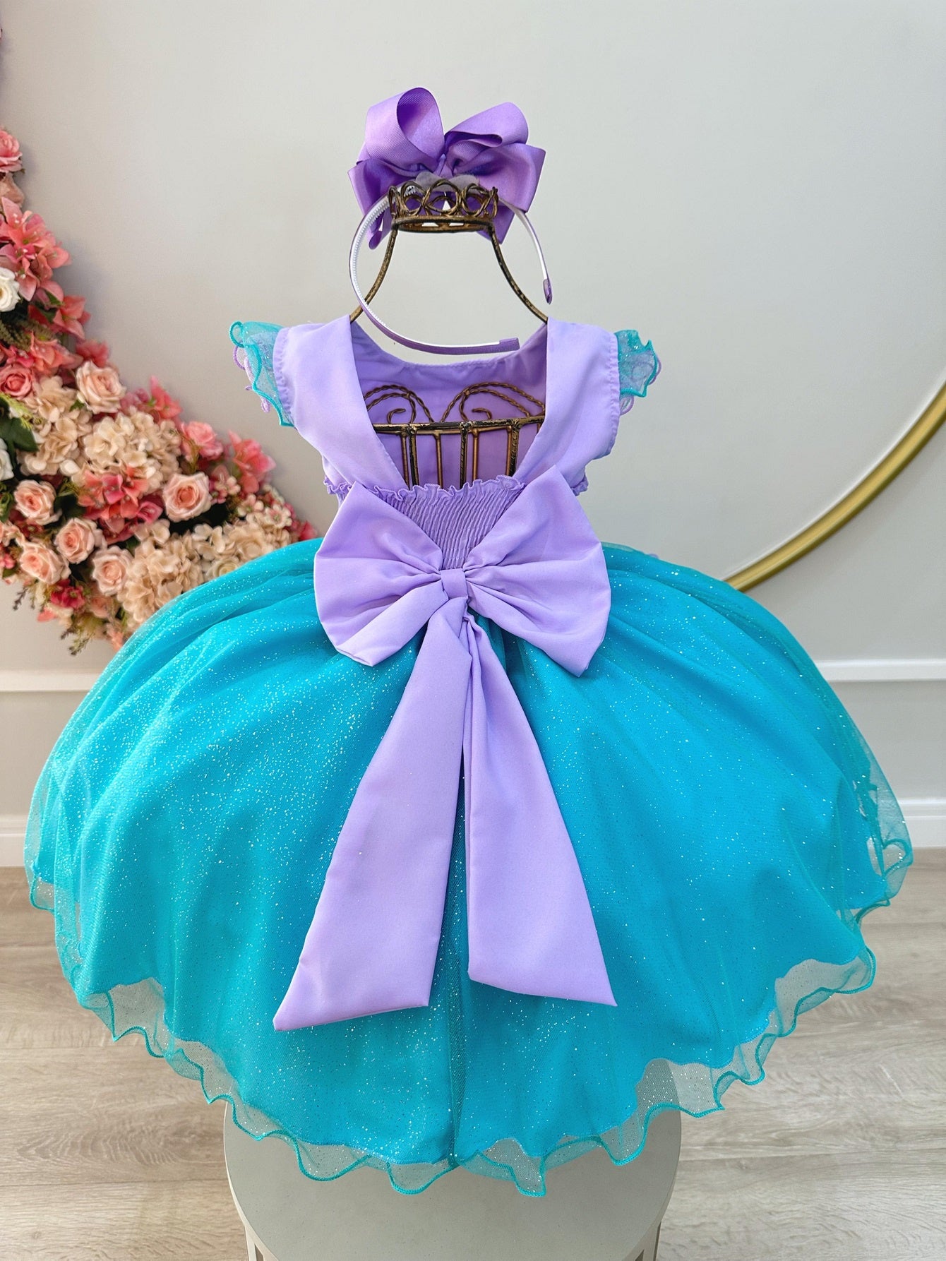 Vestido Infantil Ariel Apliques Fundo do Mar e Busto Plissado