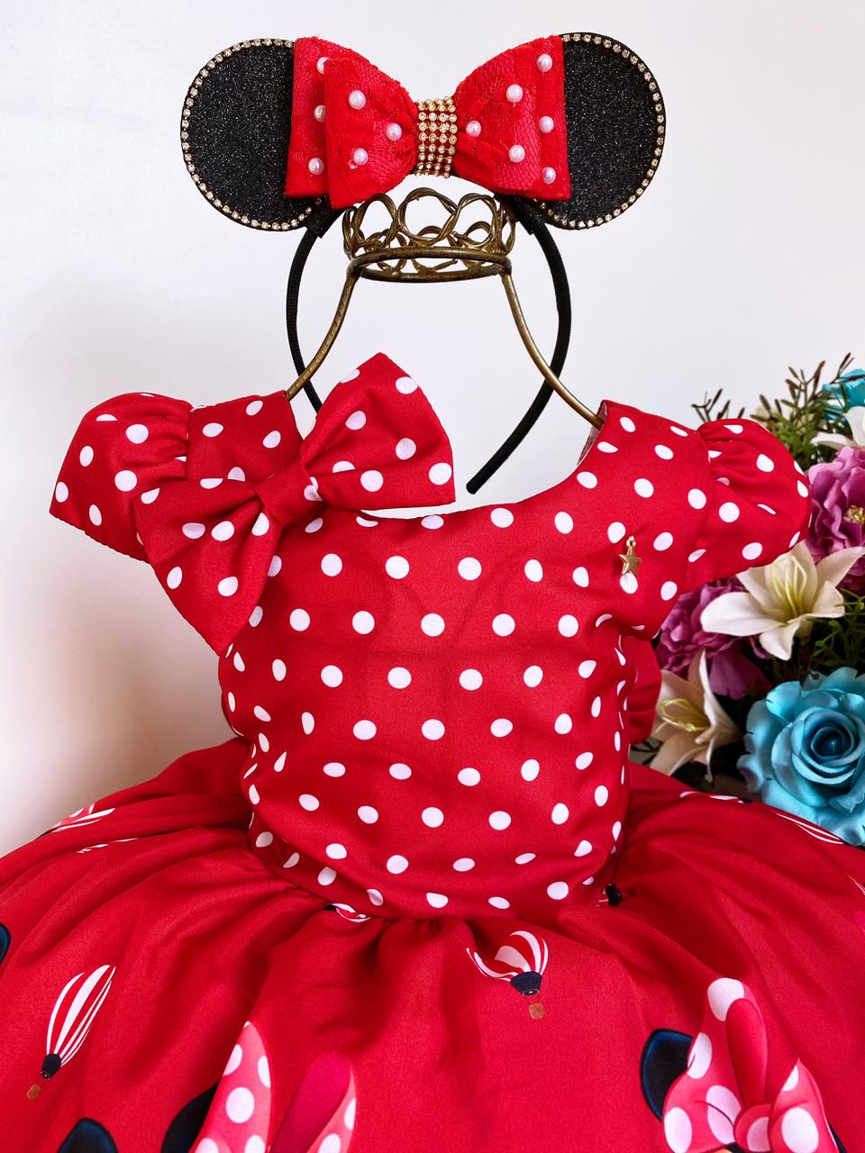 Vestido Infantil Minnie Vermelha Bolinhas Brancas Com Laço