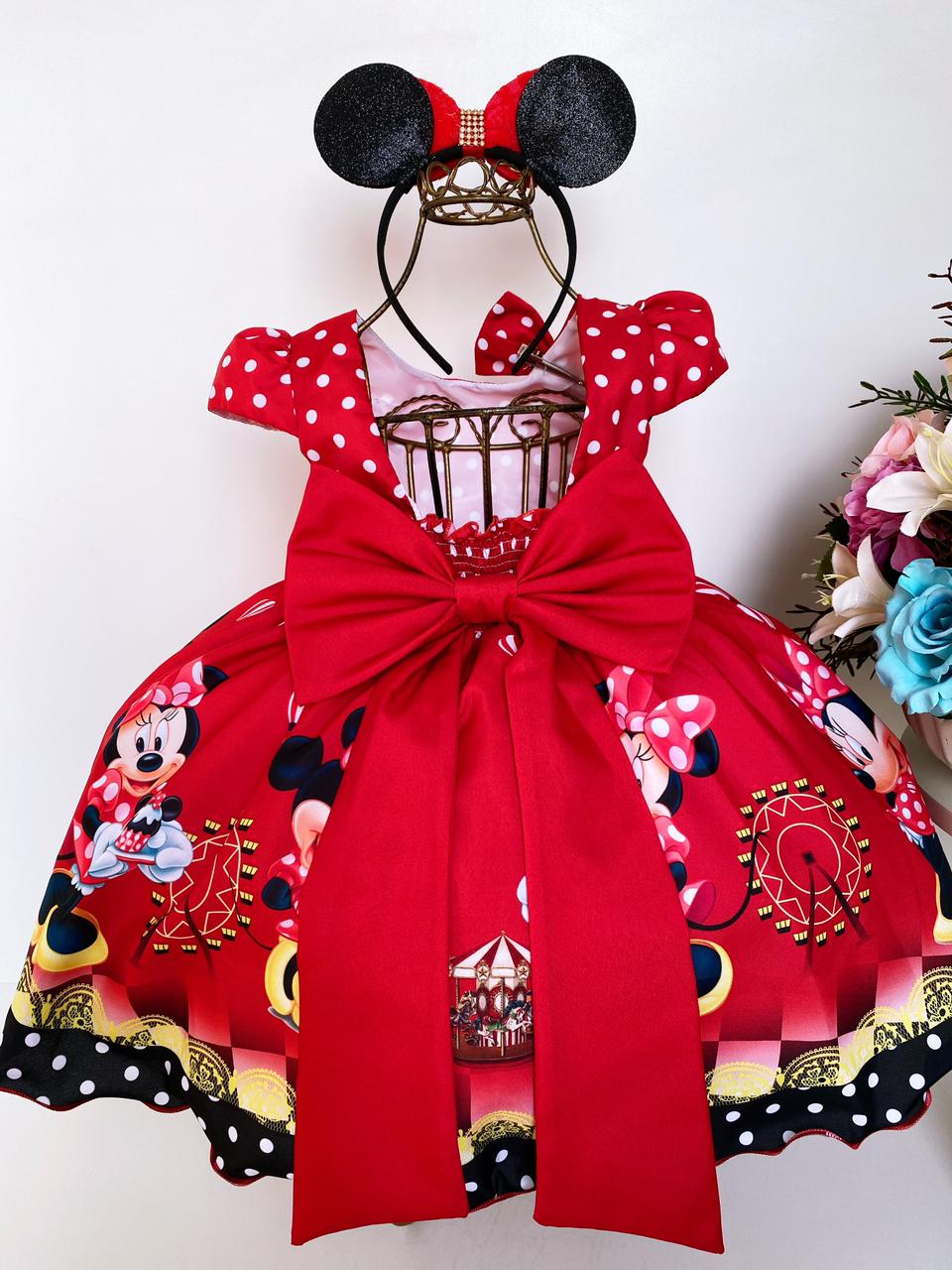 Vestido Infantil Minnie Vermelha Bolinhas Brancas Com Laço