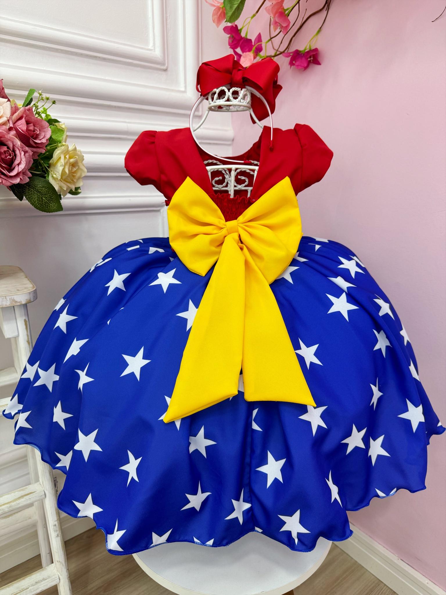 Vestido Infantil Mulher Maravilha Vermelho e Azul Luxo