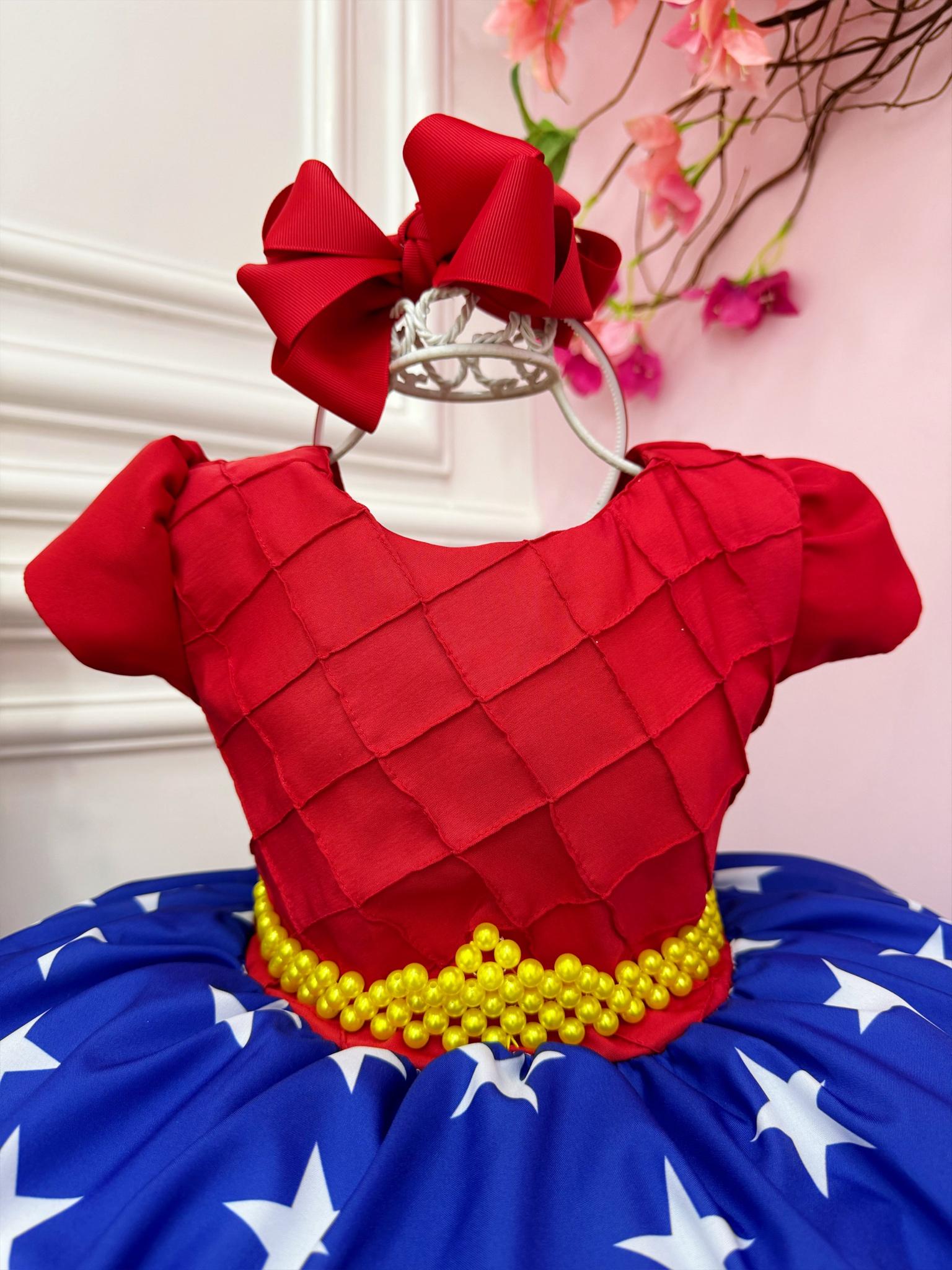 Vestido Infantil Mulher Maravilha Vermelho e Azul Luxo