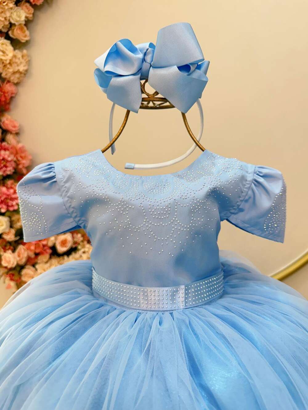 Vestido Infantil Azul Bebê Damas C/ Strass Luxo