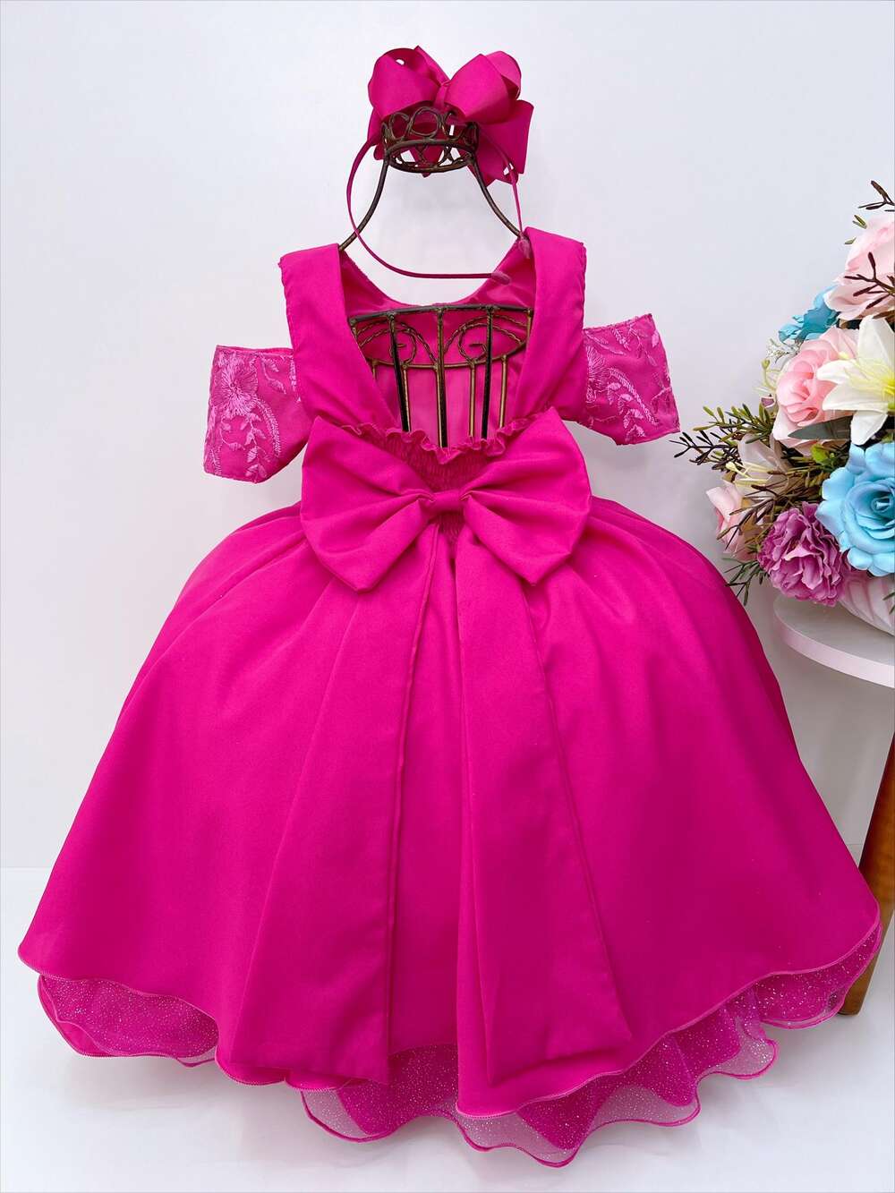 Vestido Infantil Pink Renda Cinto Strass Luxo