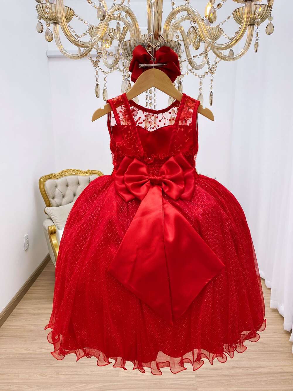 Vestido Infantil Vermelho Renda e Tule C/ Brilho Luxo