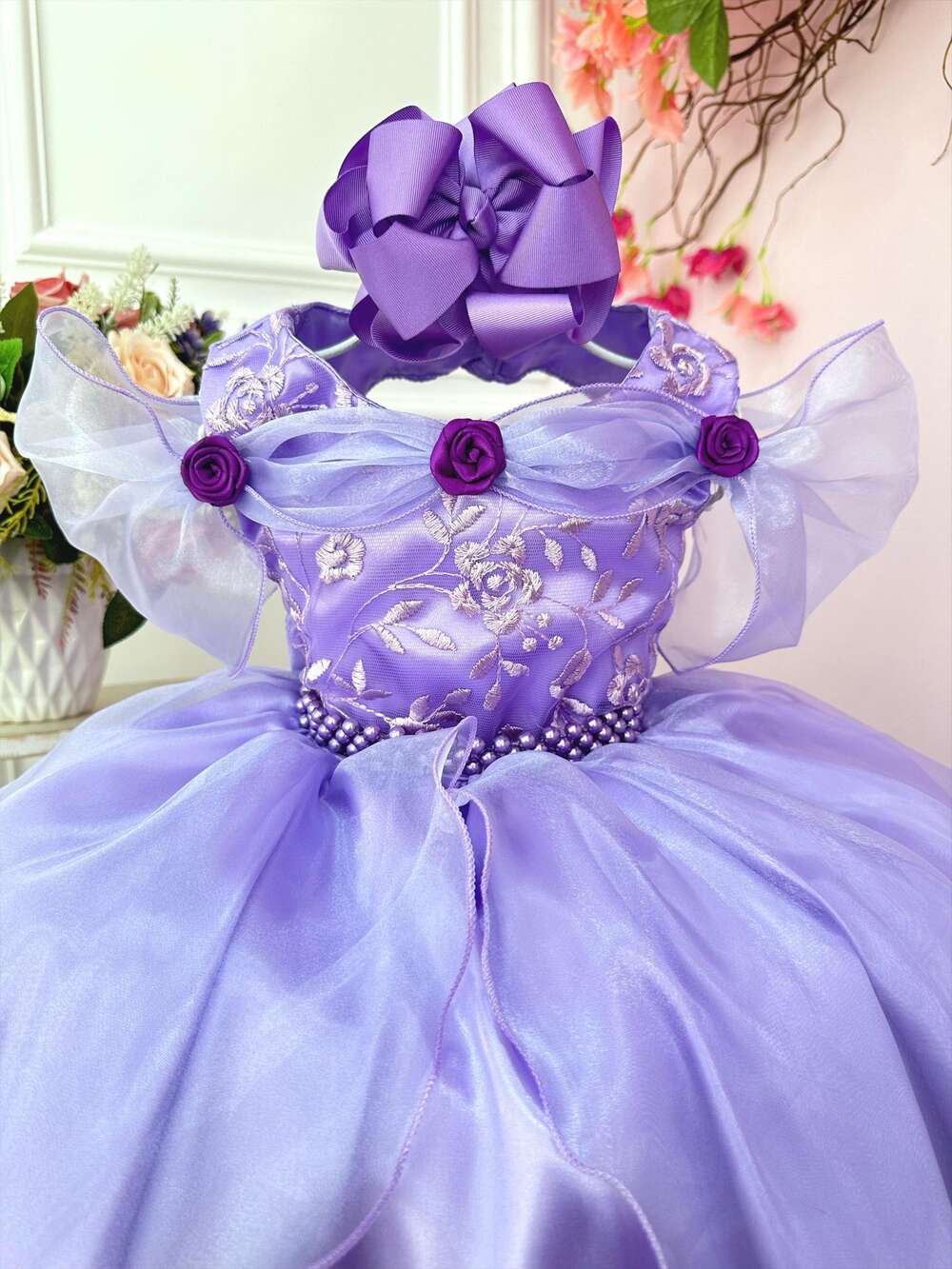 Vestido Infantil Princesas Sofia e Rapunzel Lilás C/ Renda