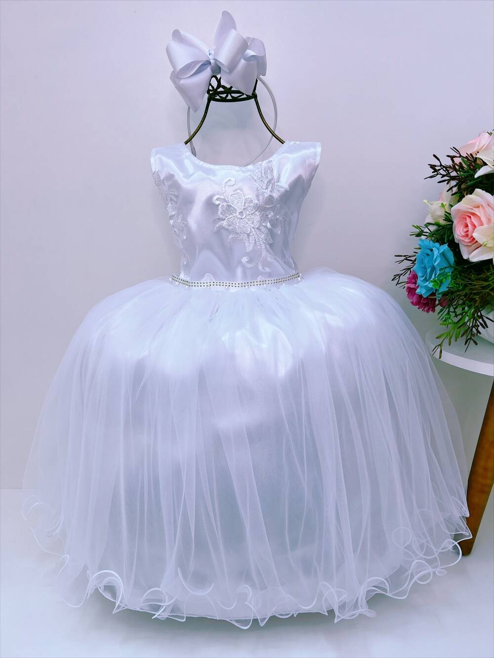 Vestido Infantil Branco Damas de Honra C/ Pérola e Strass