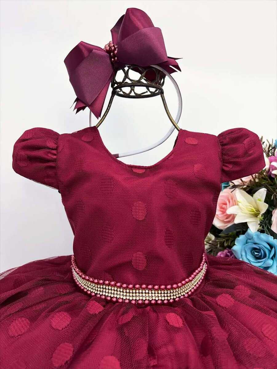 Vestido Infantil Marsala Tule Com Bolinhas Strass C/ Pérolas