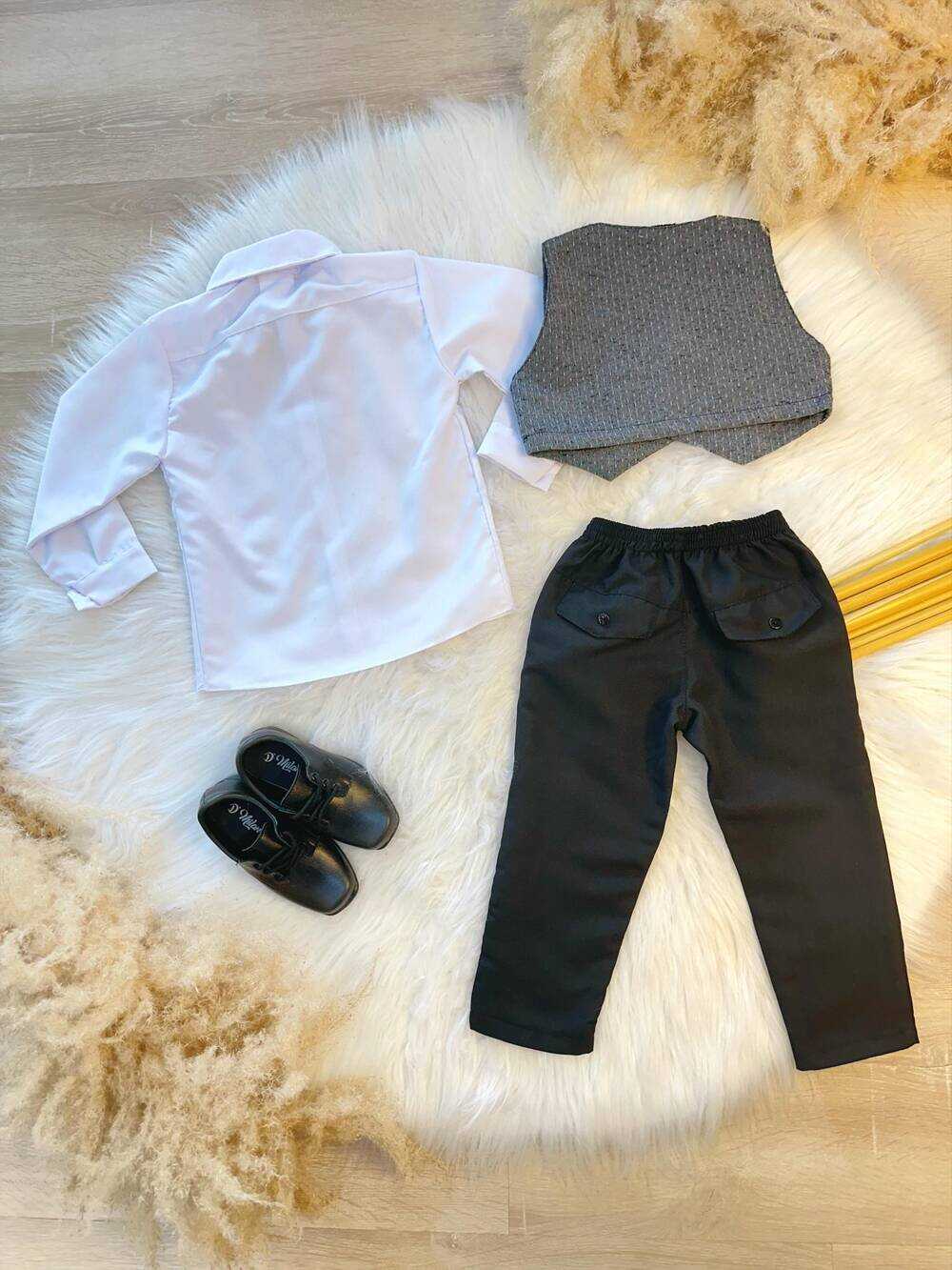 Conjunto Social Camisa Calça Gravata Preto e Colete Cinza