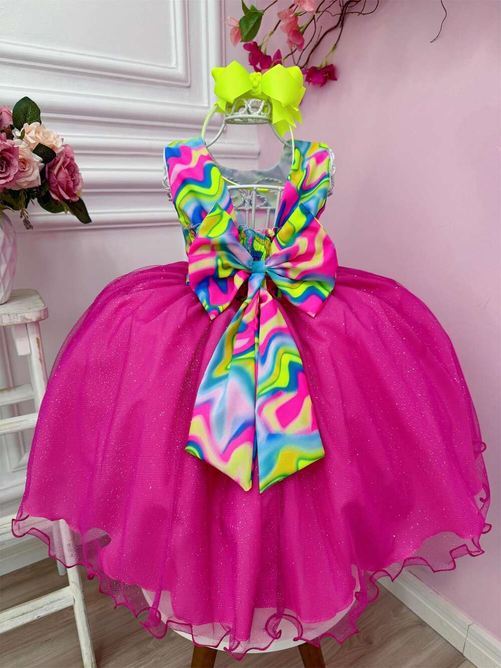 Vestido Infantil Barbie Colorido Neon Saia Pink C/ Glitter