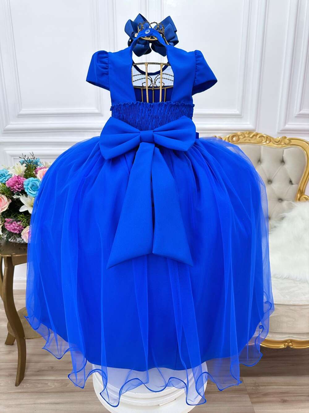 Vestido Infantil Azul Royal C/ Busto Nervura e Pérolas Damas