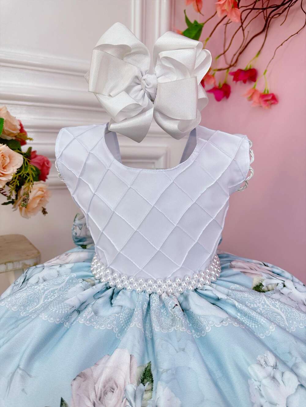 Vestido Infantil Peito Nervura Branco Azul Florido Pérola