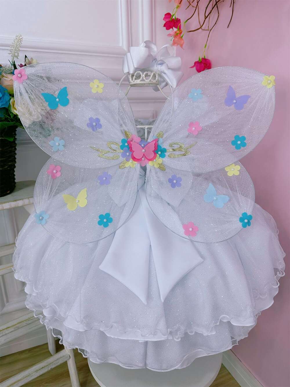 Vestido Infantil Branco C/ Glitter e Aplique de Borboletas