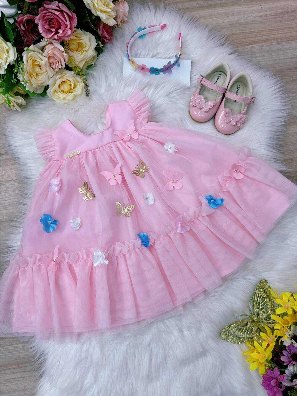 Vestido Infantil Bebê Rosa Bebê Jardim Encantado Luxo